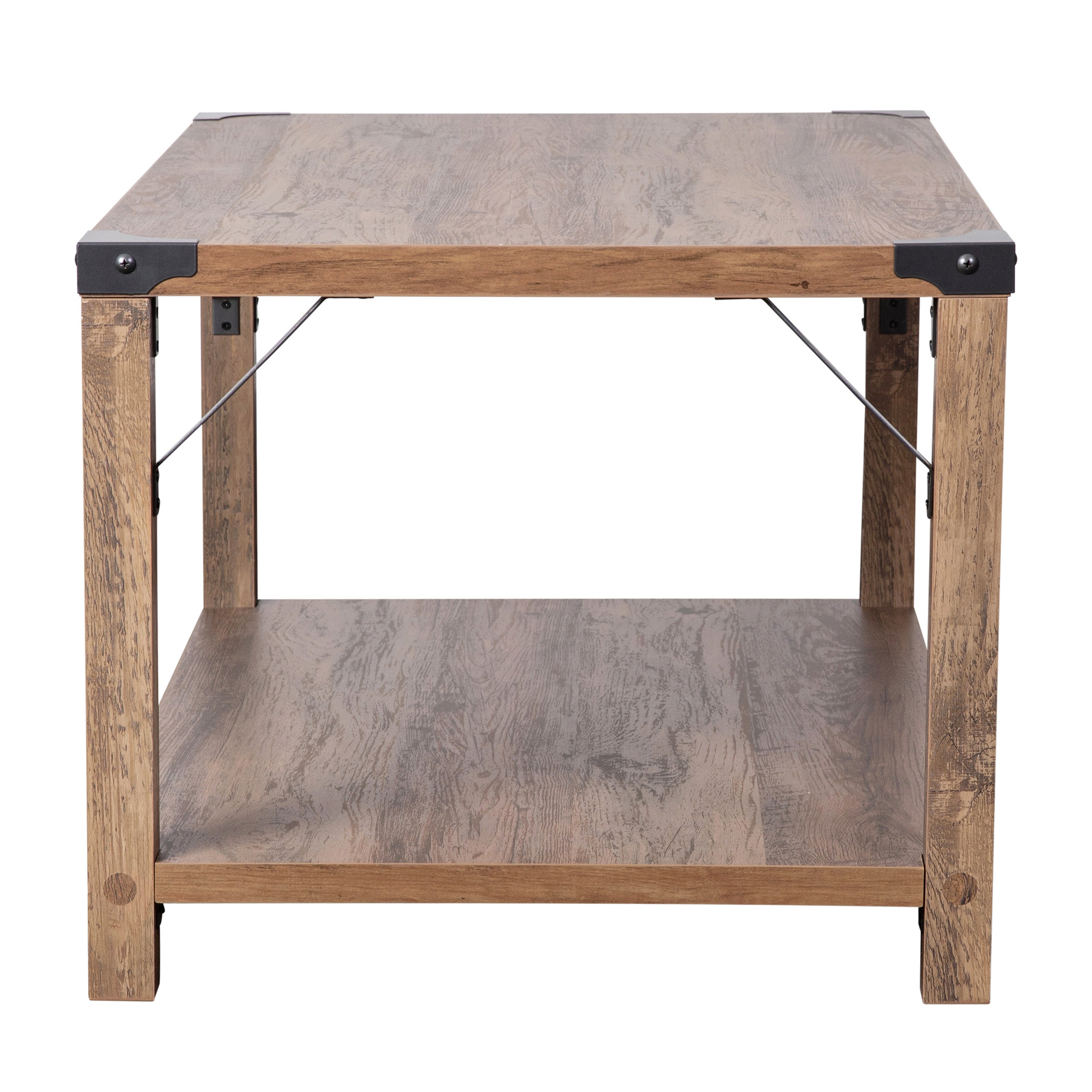 Wyatt Modern Farmhouse Wooden 2 Tier Coffee Table with Black Metal Corner Accents and Cross Bracing, Rustic Oak