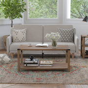 Wyatt Modern Farmhouse Wooden 2 Tier Coffee Table with Black Metal Corner Accents and Cross Bracing, Rustic Oak