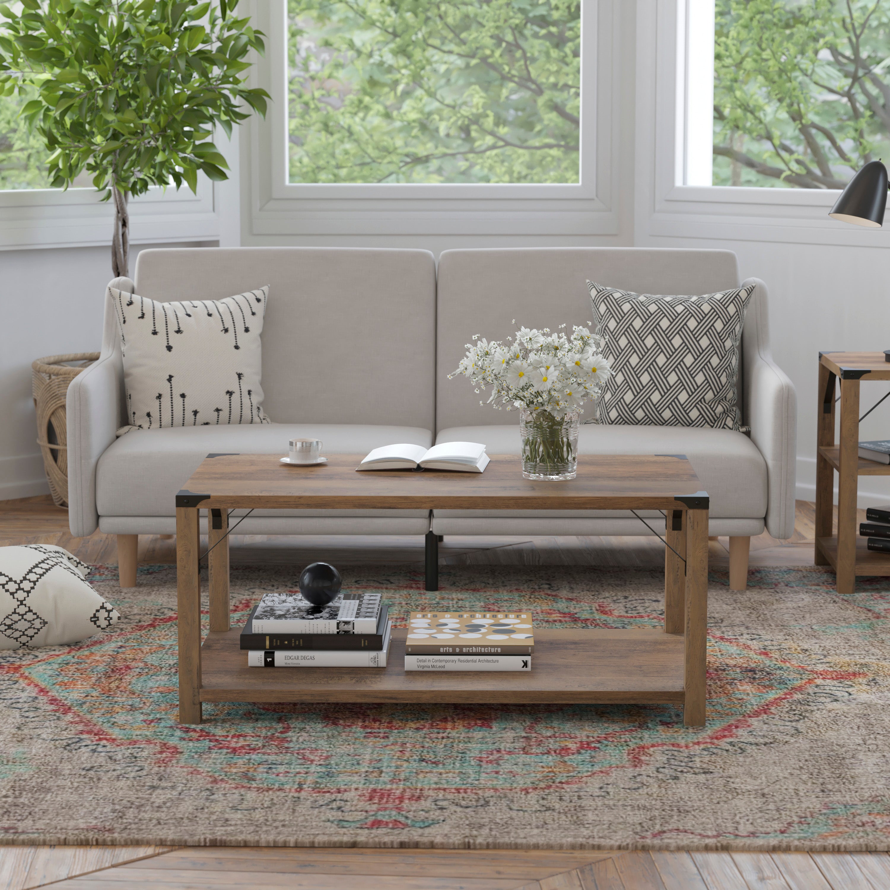 Wyatt Modern Farmhouse Wooden 2 Tier Coffee Table with Black Metal Corner Accents and Cross Bracing, Rustic Oak