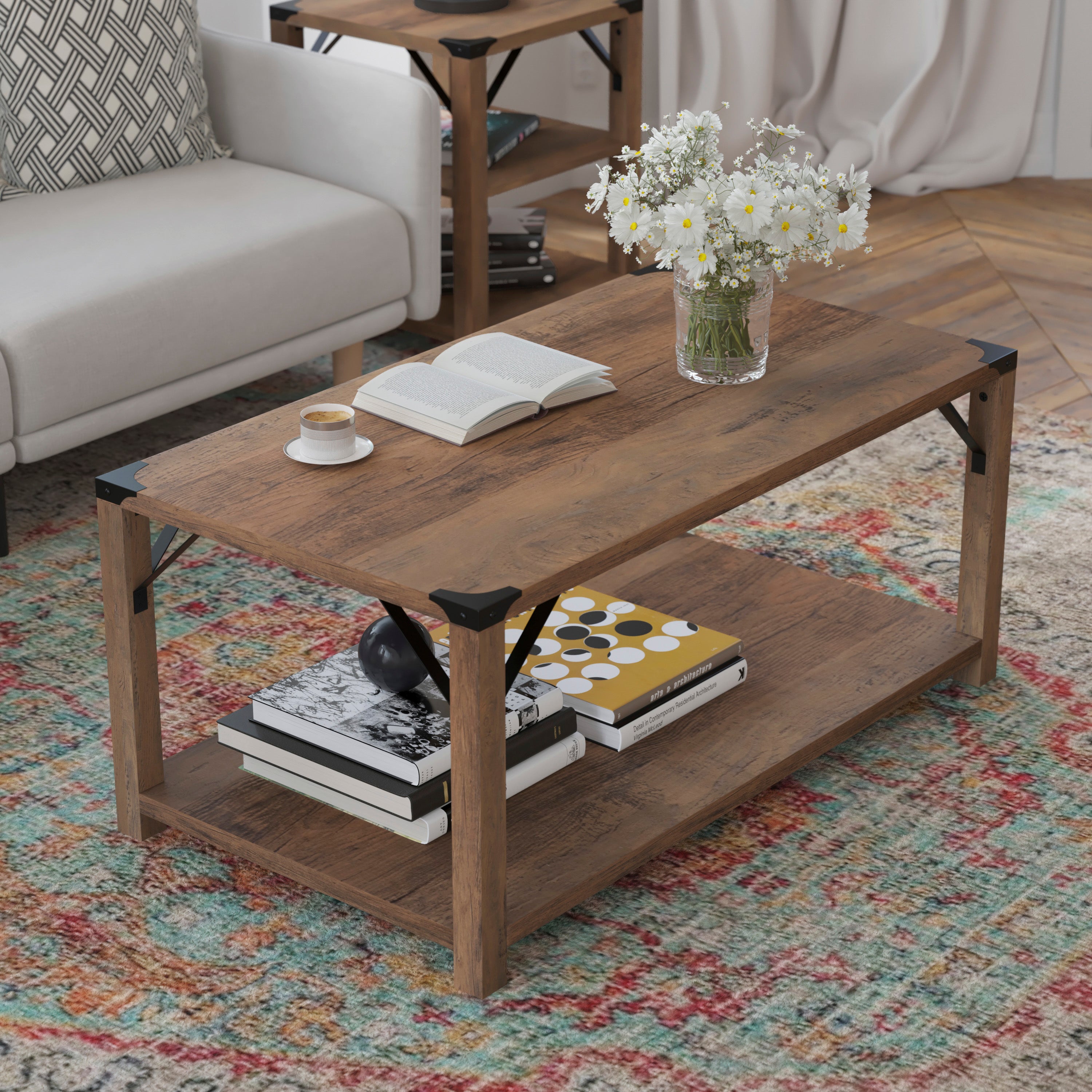 Wyatt Modern Farmhouse Wooden 2 Tier Coffee Table with Black Metal Corner Accents and Cross Bracing, Rustic Oak