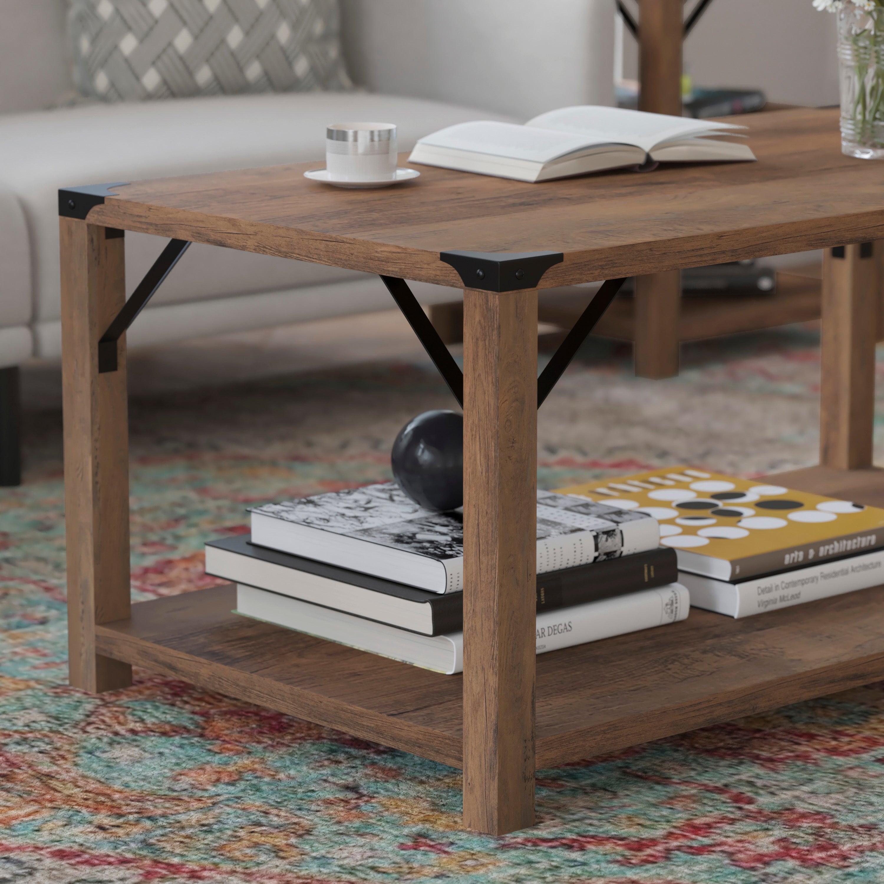 Wyatt Modern Farmhouse Wooden 2 Tier Coffee Table with Black Metal Corner Accents and Cross Bracing, Rustic Oak
