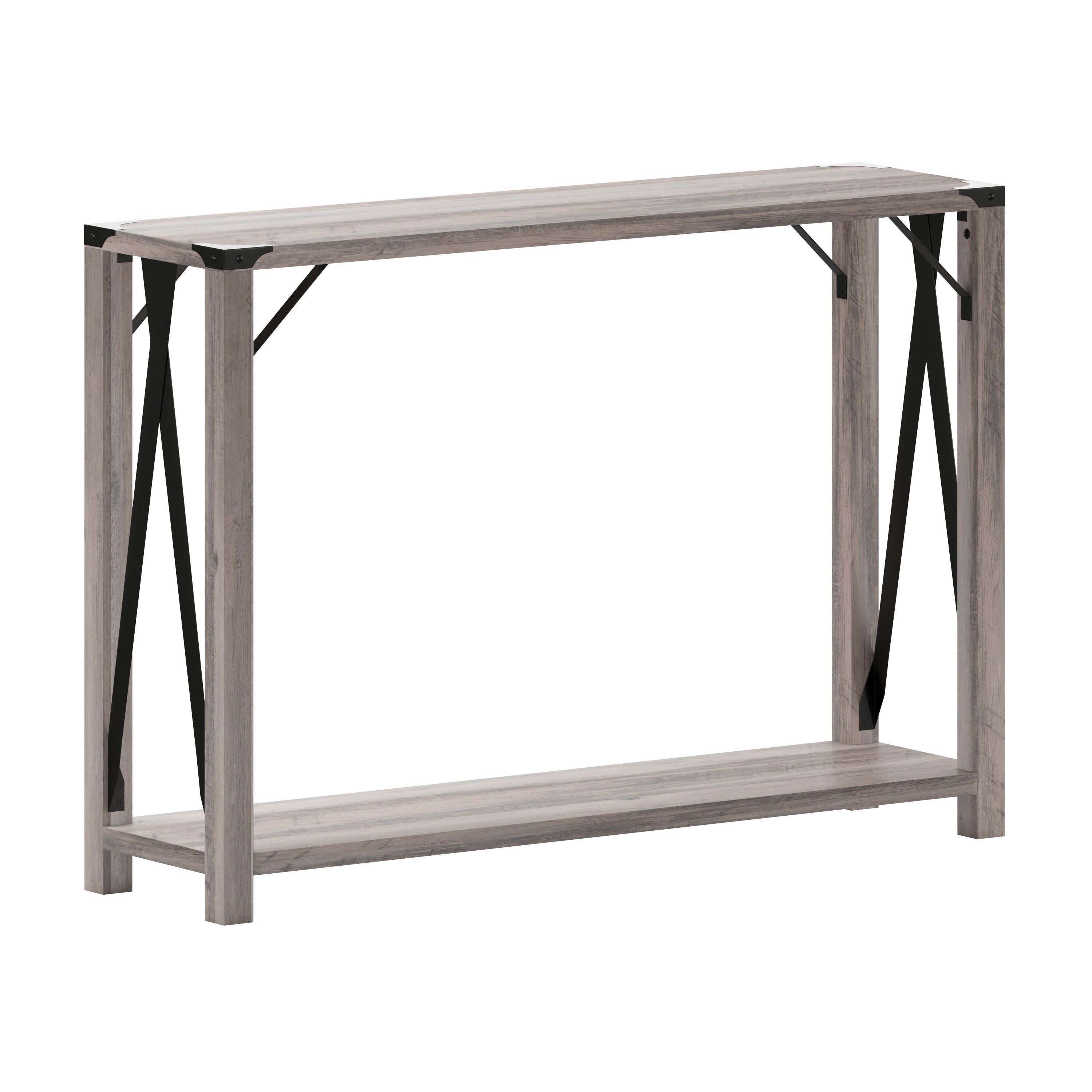 Wyatt Modern Farmhouse Wooden 2 Tier Console Entry Table with Black Metal Corner Accents and Cross Bracing, Gray Wash