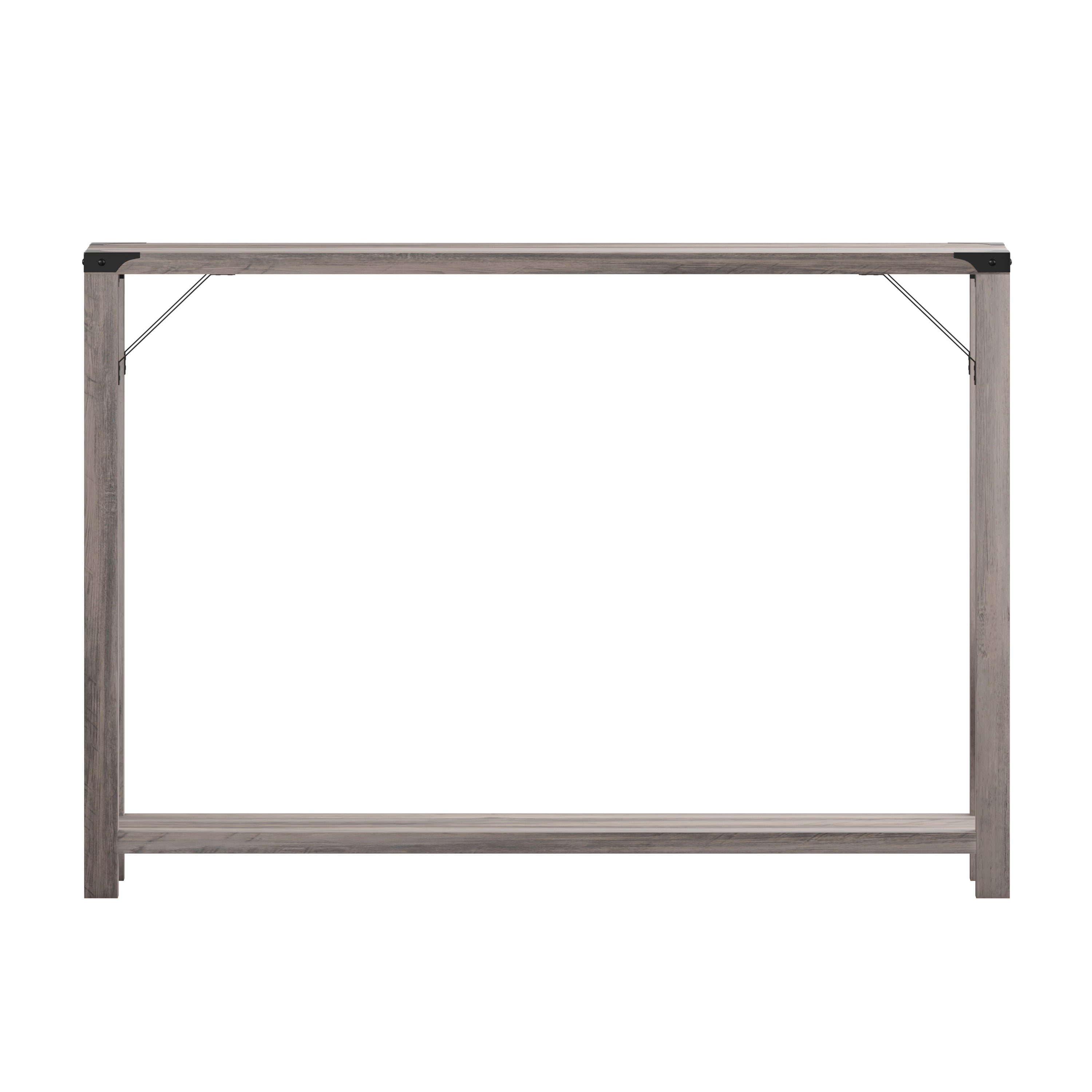 Wyatt Modern Farmhouse Wooden 2 Tier Console Entry Table with Black Metal Corner Accents and Cross Bracing, Gray Wash