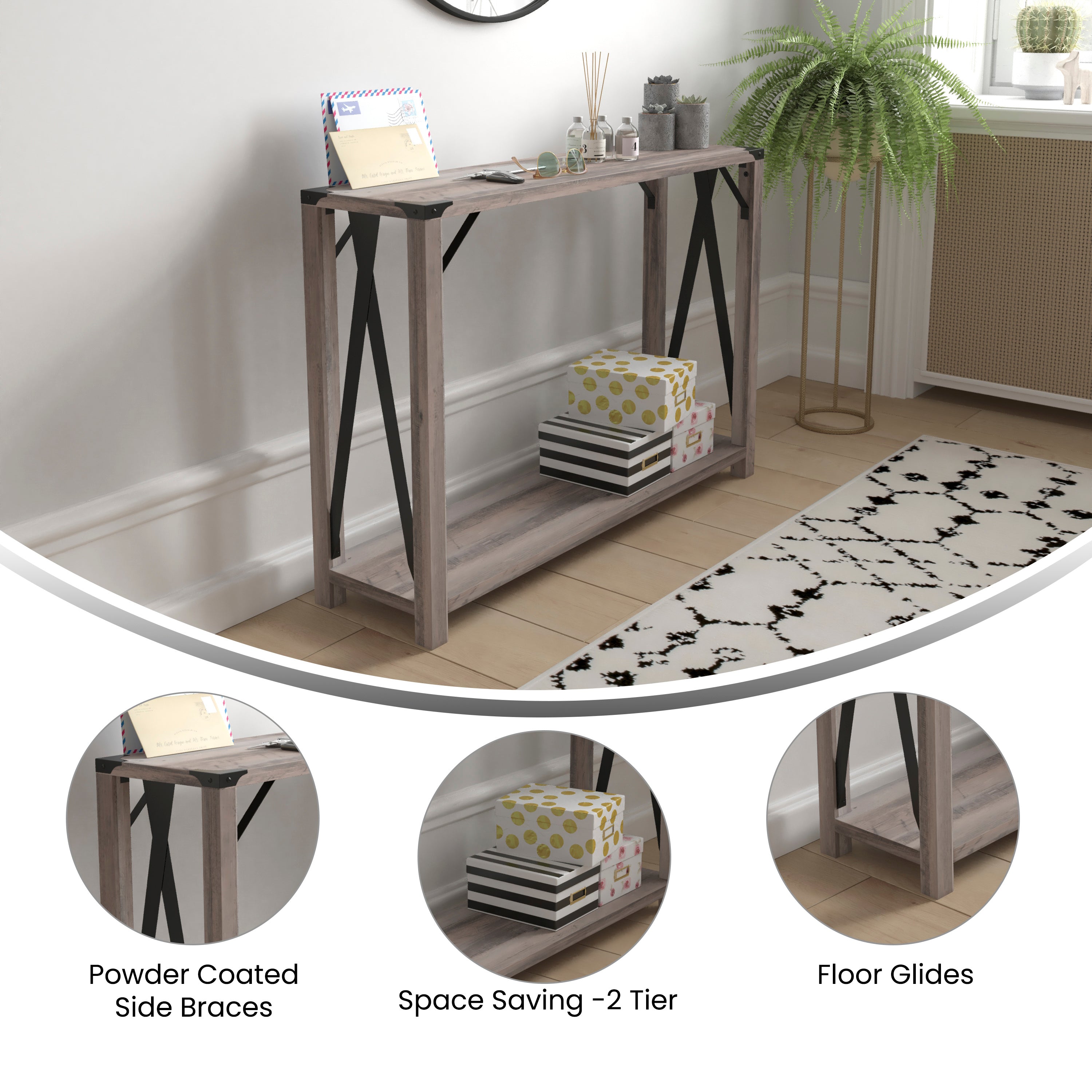 Wyatt Modern Farmhouse Wooden 2 Tier Console Entry Table with Black Metal Corner Accents and Cross Bracing, Gray Wash