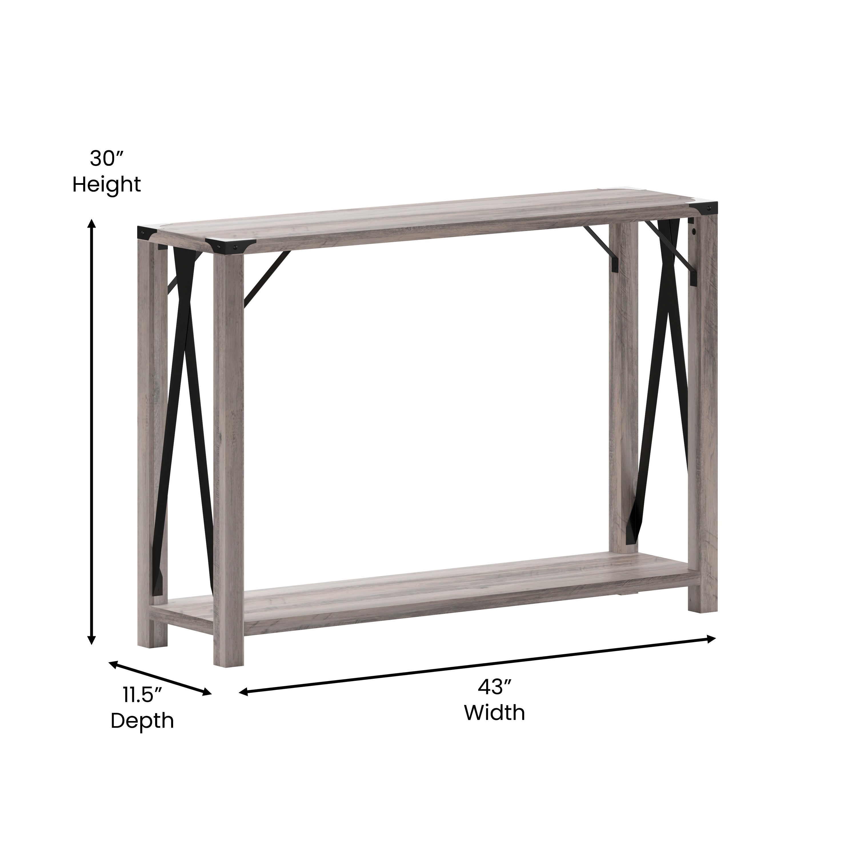 Wyatt Modern Farmhouse Wooden 2 Tier Console Entry Table with Black Metal Corner Accents and Cross Bracing, Gray Wash