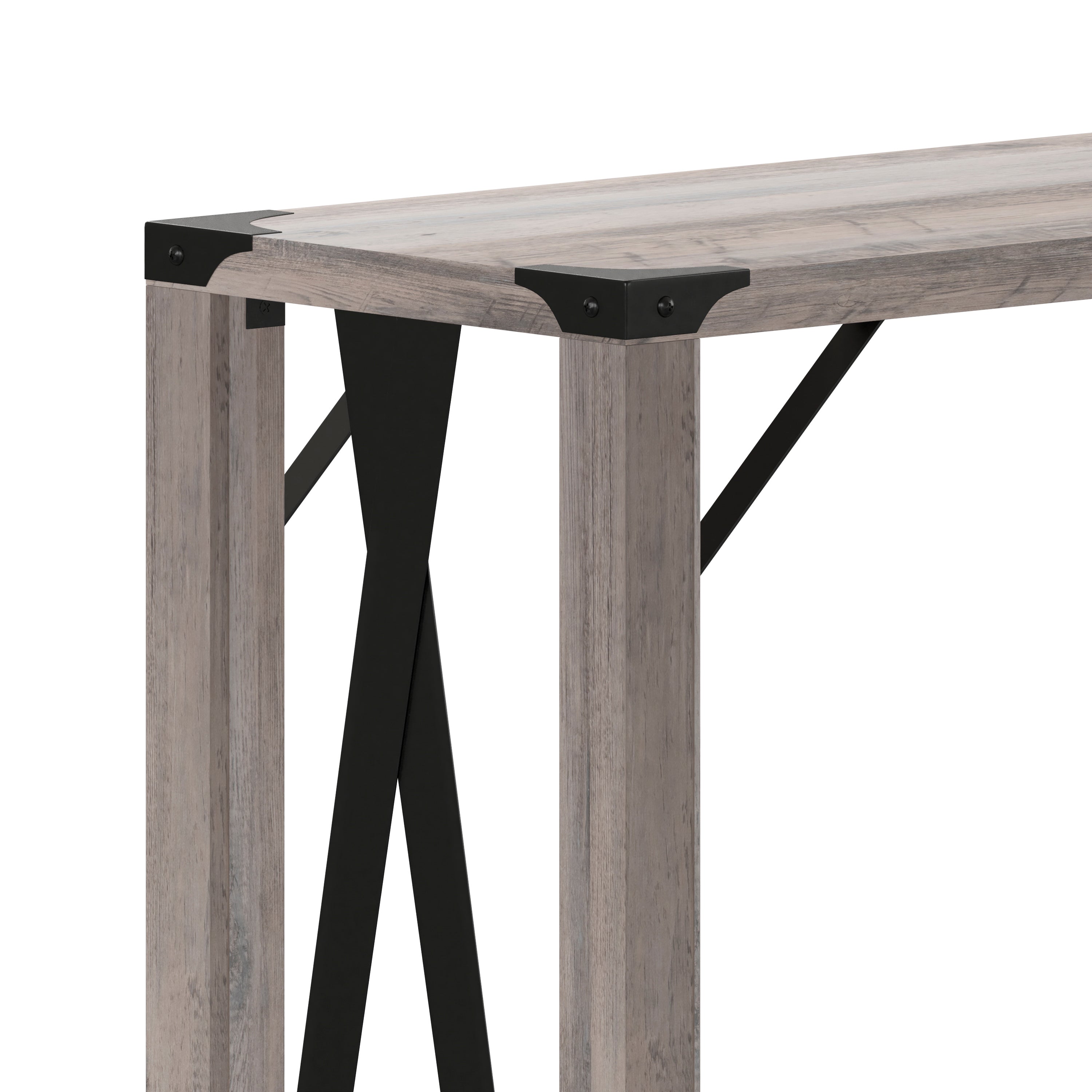 Wyatt Modern Farmhouse Wooden 2 Tier Console Entry Table with Black Metal Corner Accents and Cross Bracing, Gray Wash