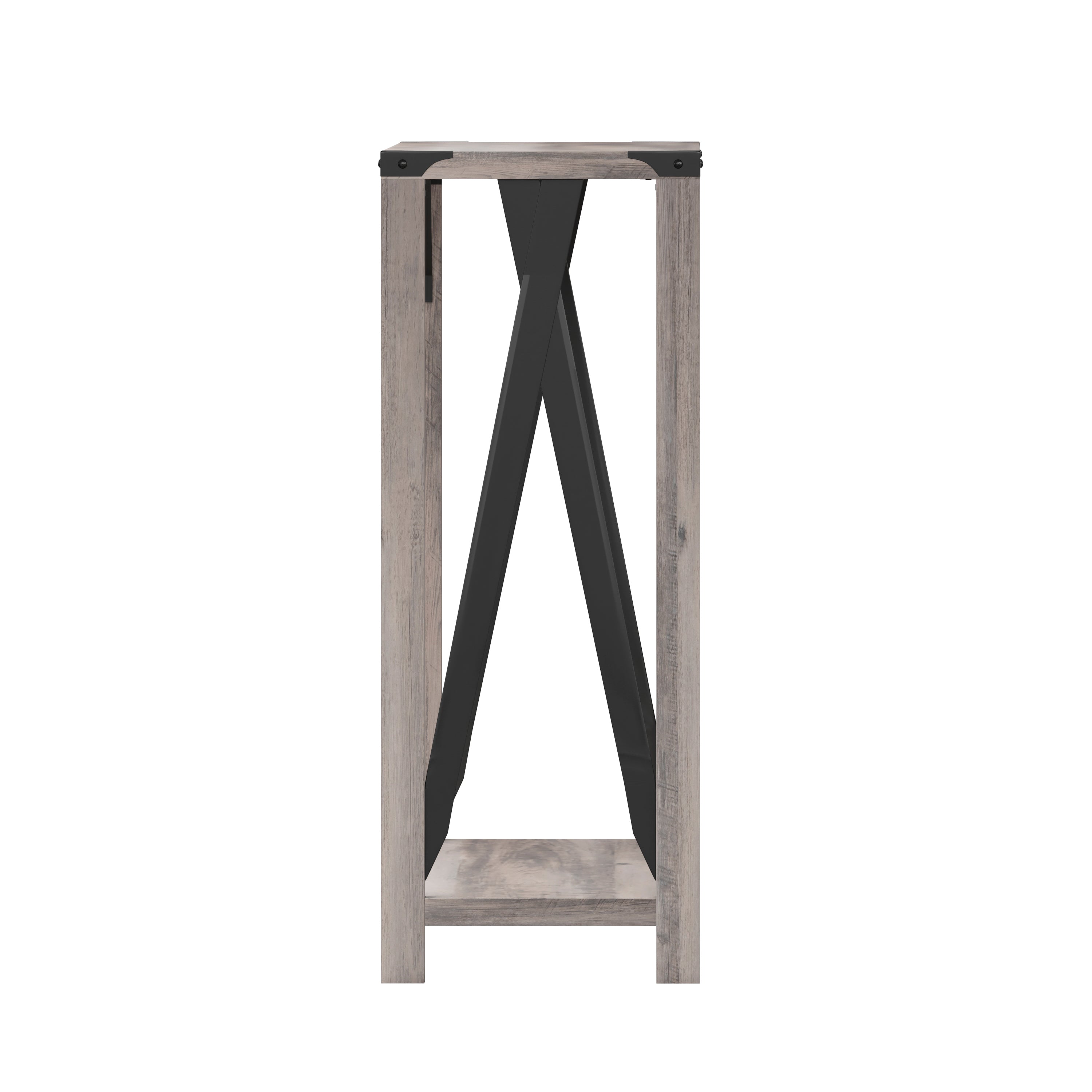 Wyatt Modern Farmhouse Wooden 2 Tier Console Entry Table with Black Metal Corner Accents and Cross Bracing, Gray Wash