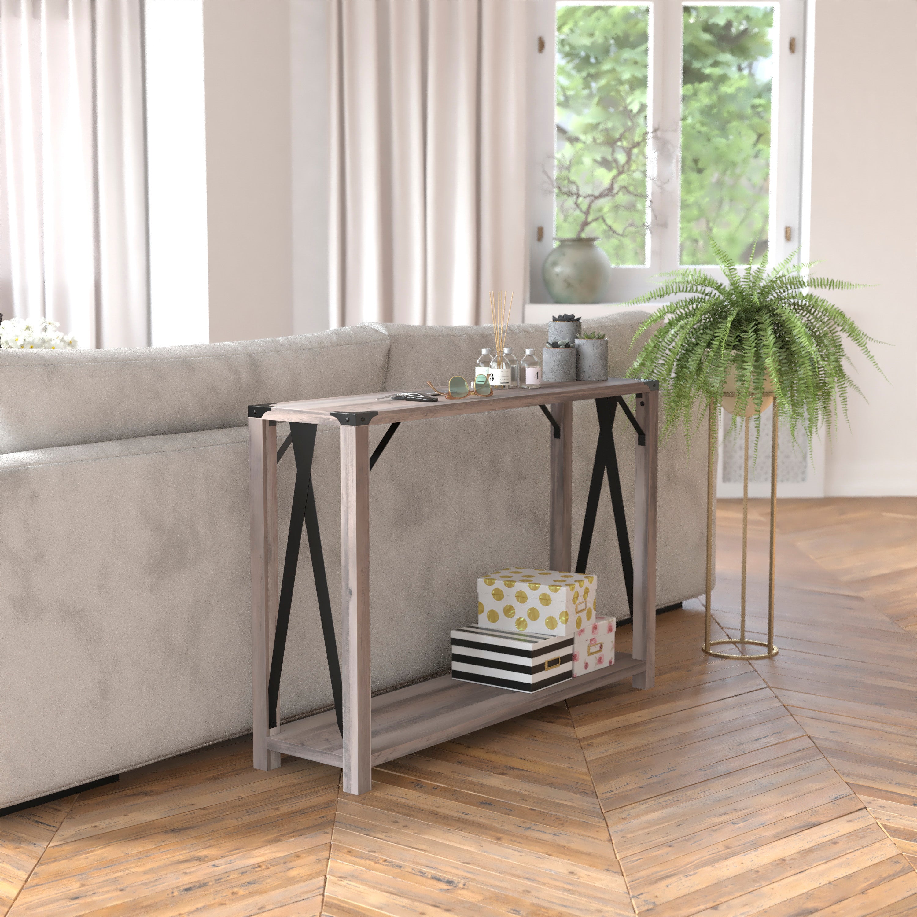 Wyatt Modern Farmhouse Wooden 2 Tier Console Entry Table with Black Metal Corner Accents and Cross Bracing, Gray Wash
