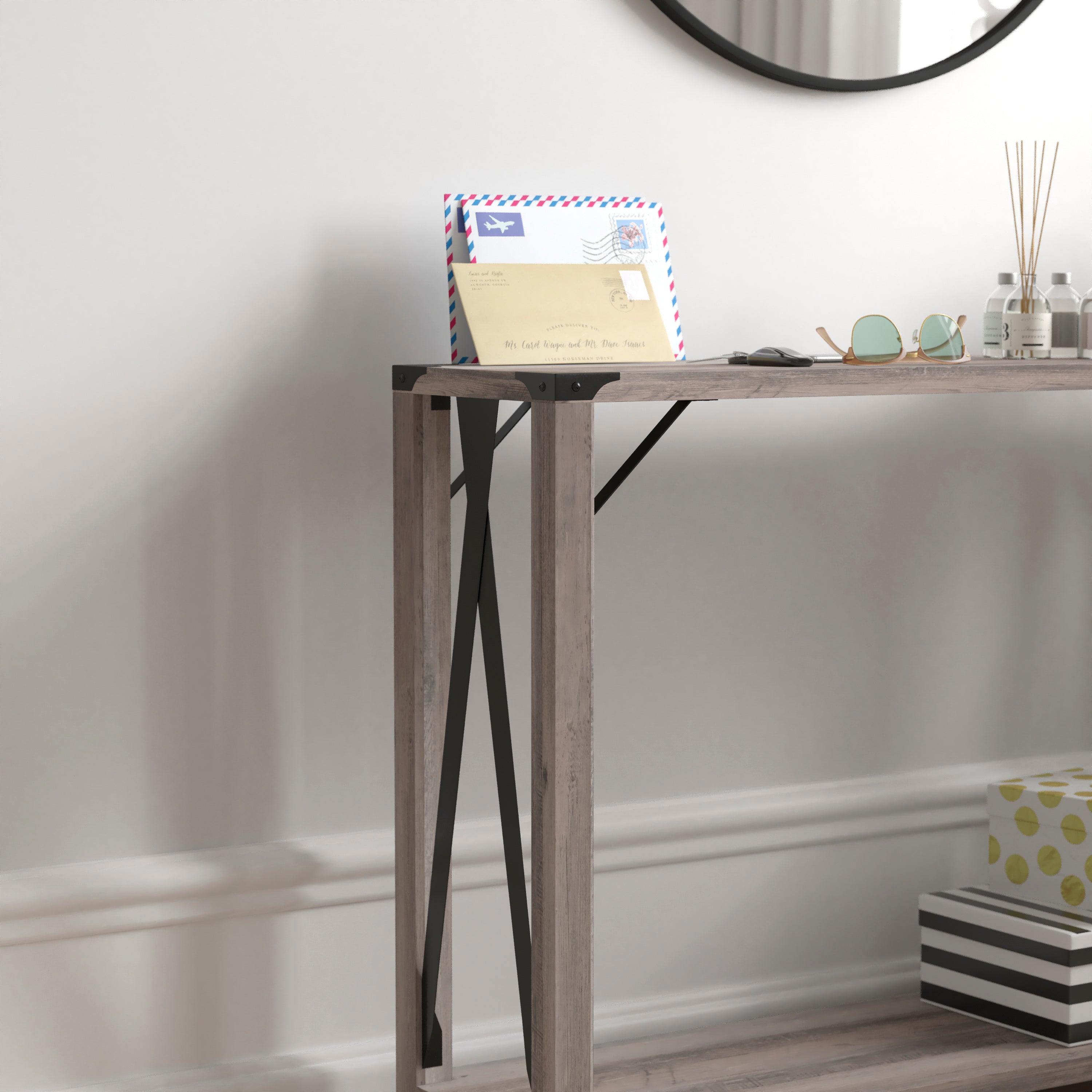 Wyatt Modern Farmhouse Wooden 2 Tier Console Entry Table with Black Metal Corner Accents and Cross Bracing, Gray Wash