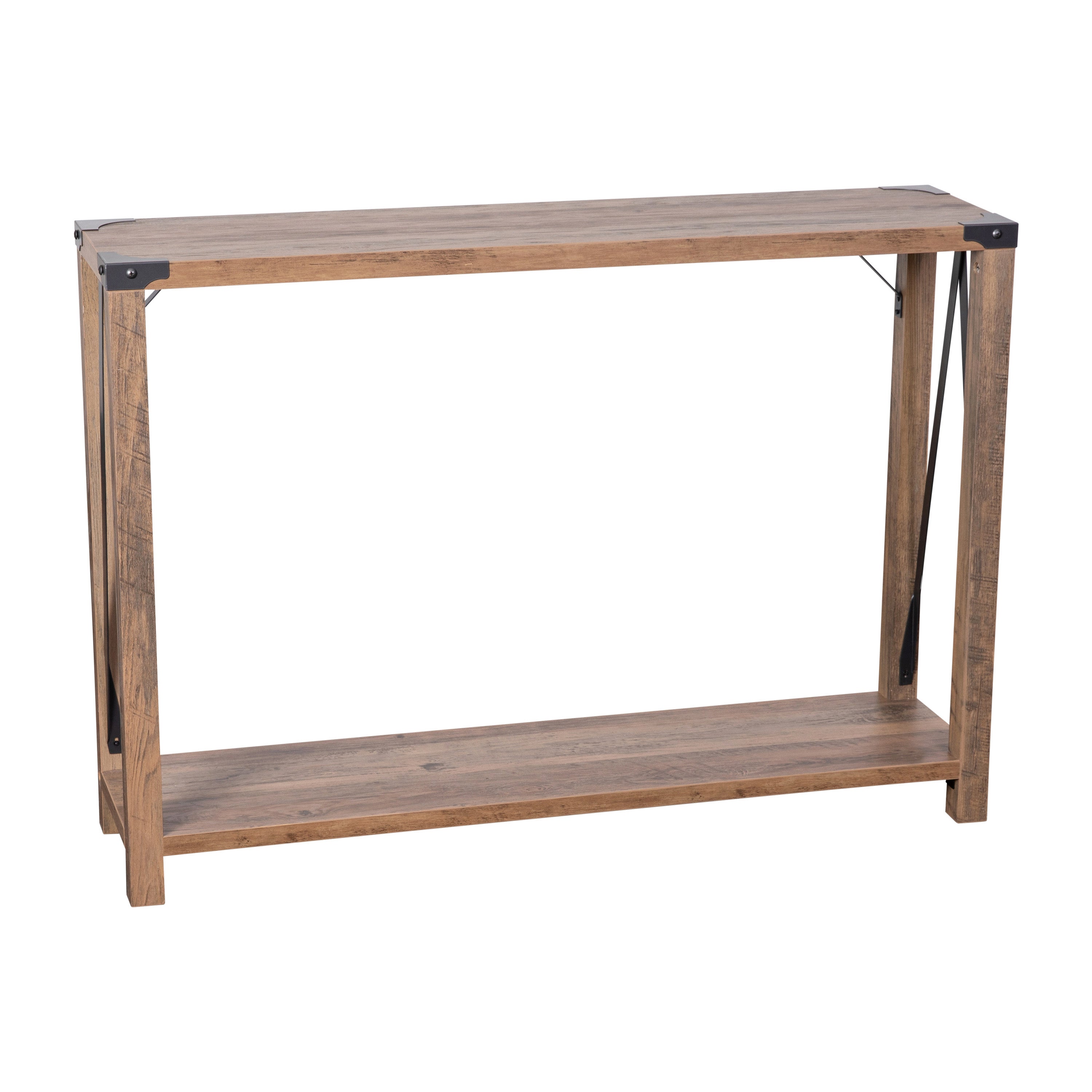 Wyatt Modern Farmhouse Wooden 2 Tier Console Entry Table with Black Metal Corner Accents and Cross Bracing, Rustic Oak