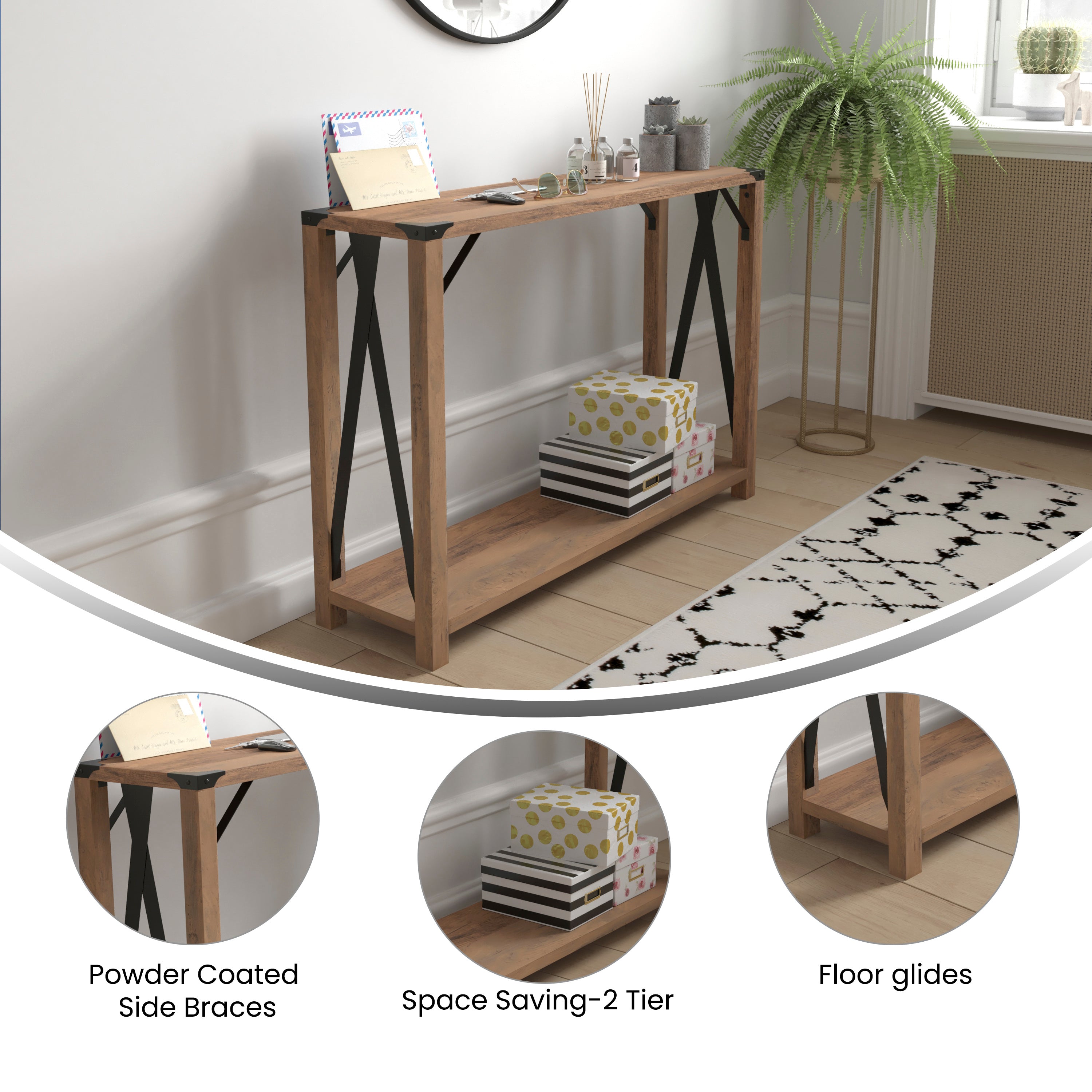 Wyatt Modern Farmhouse Wooden 2 Tier Console Entry Table with Black Metal Corner Accents and Cross Bracing, Rustic Oak