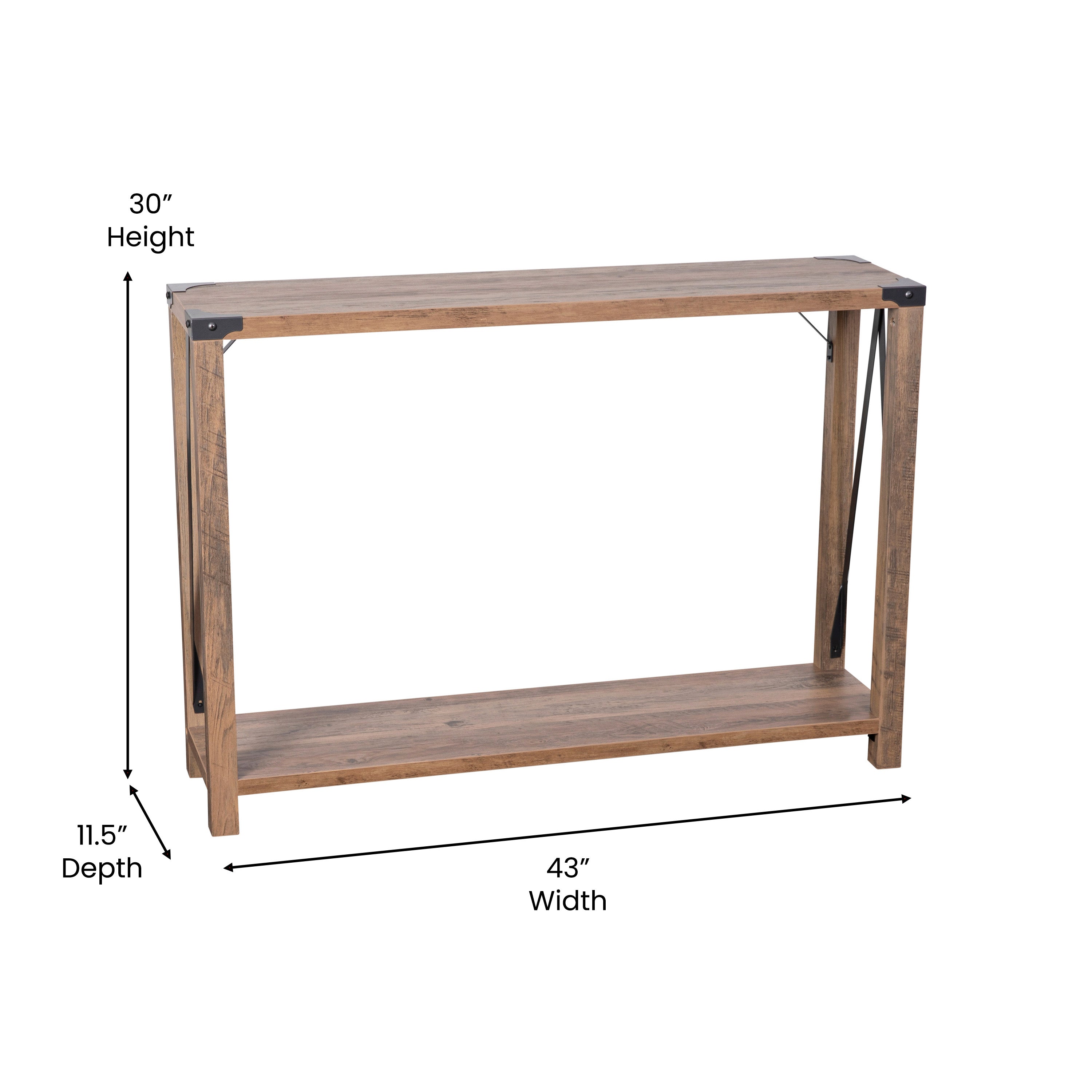 Wyatt Modern Farmhouse Wooden 2 Tier Console Entry Table with Black Metal Corner Accents and Cross Bracing, Rustic Oak