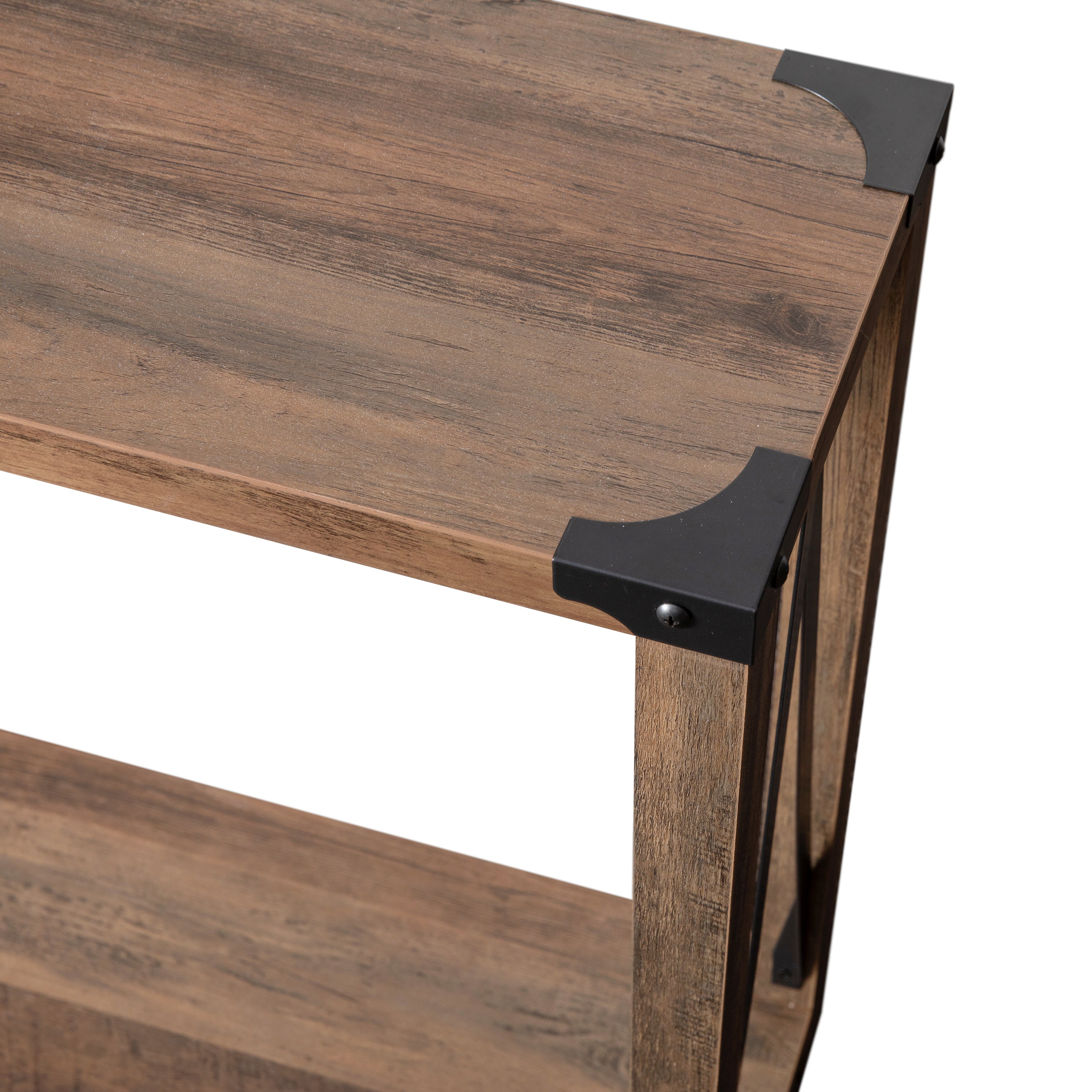 Wyatt Modern Farmhouse Wooden 2 Tier Console Entry Table with Black Metal Corner Accents and Cross Bracing, Rustic Oak