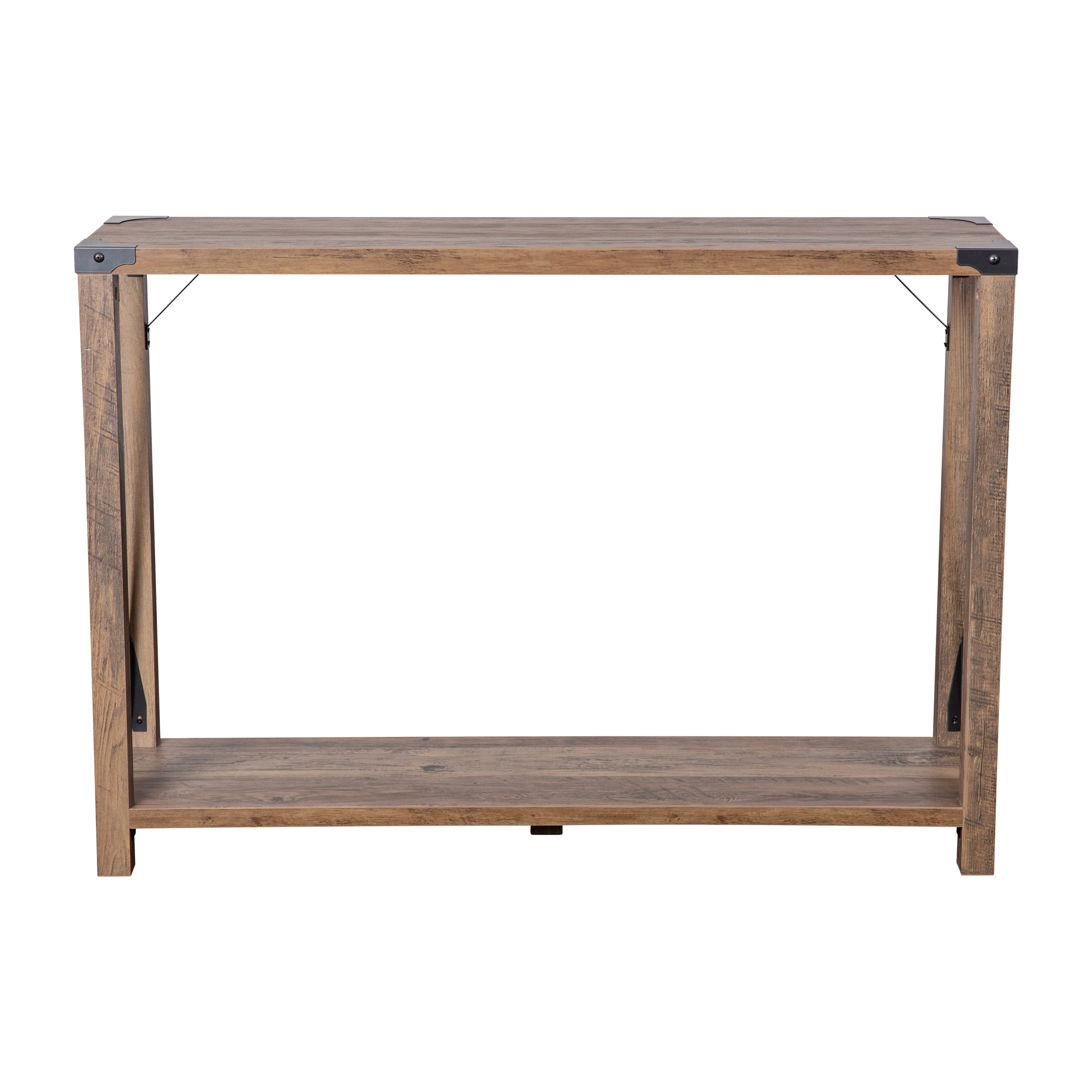 Wyatt Modern Farmhouse Wooden 2 Tier Console Entry Table with Black Metal Corner Accents and Cross Bracing, Rustic Oak