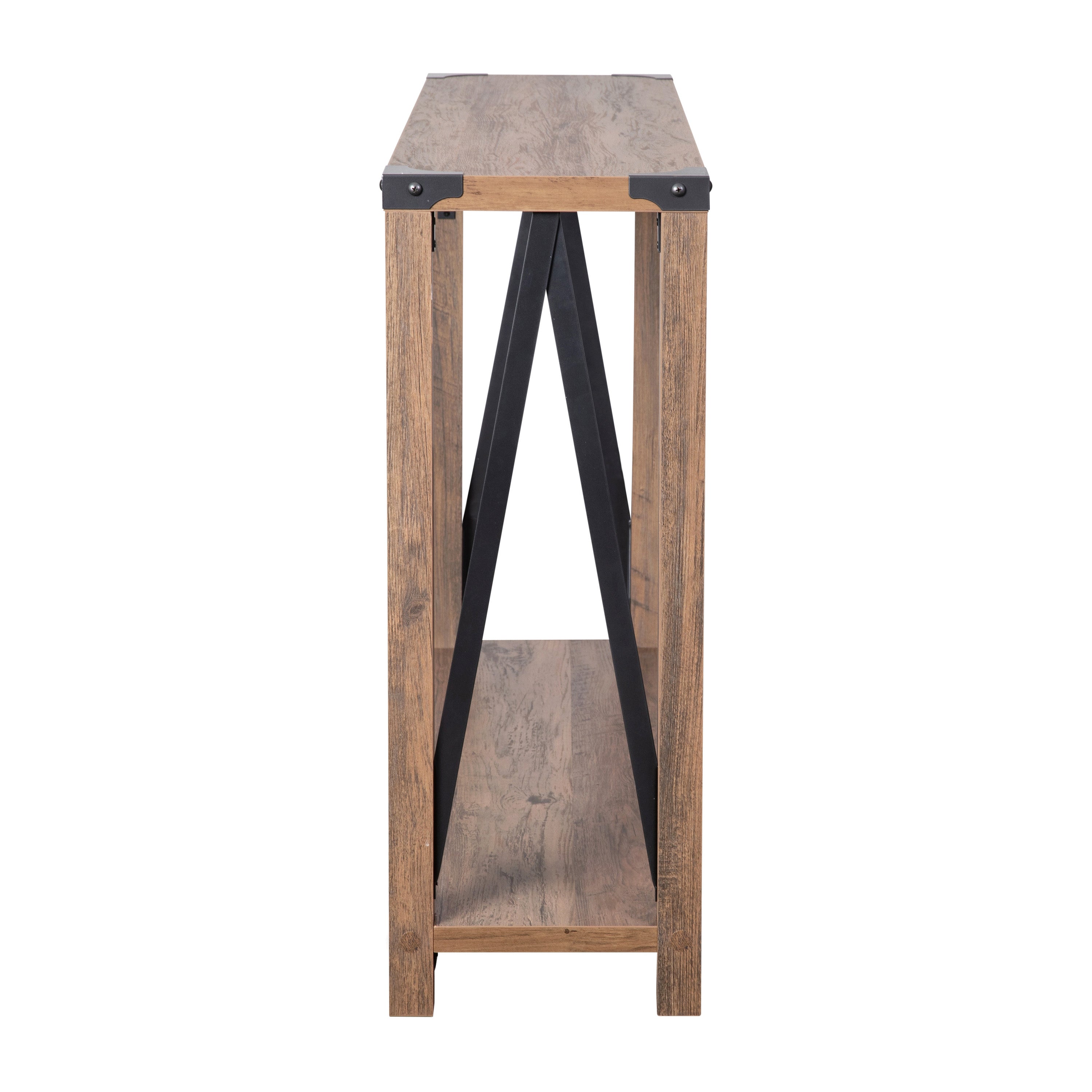 Wyatt Modern Farmhouse Wooden 2 Tier Console Entry Table with Black Metal Corner Accents and Cross Bracing, Rustic Oak