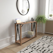 Wyatt Modern Farmhouse Wooden 2 Tier Console Entry Table with Black Metal Corner Accents and Cross Bracing, Rustic Oak
