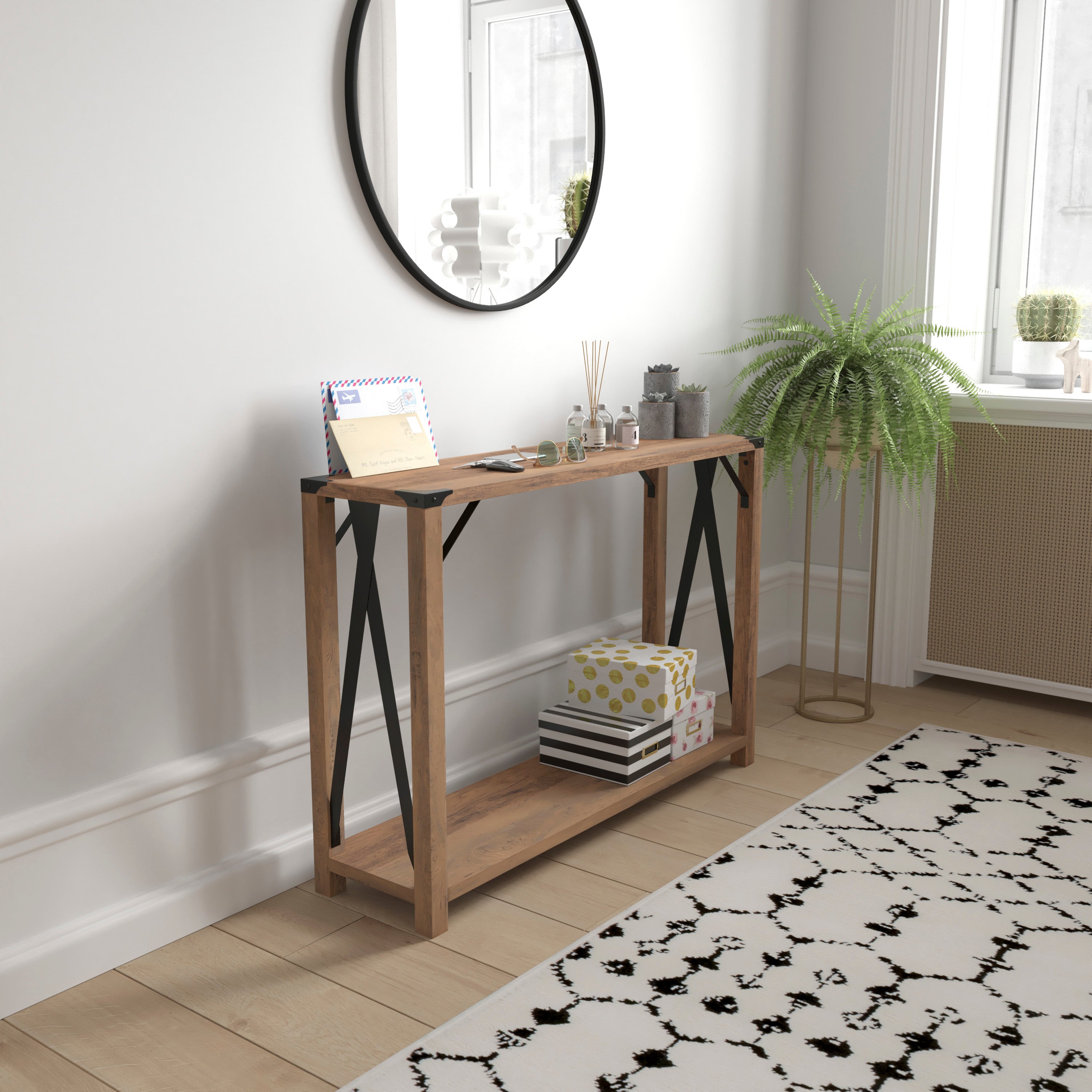 Wyatt Modern Farmhouse Wooden 2 Tier Console Entry Table with Black Metal Corner Accents and Cross Bracing, Rustic Oak