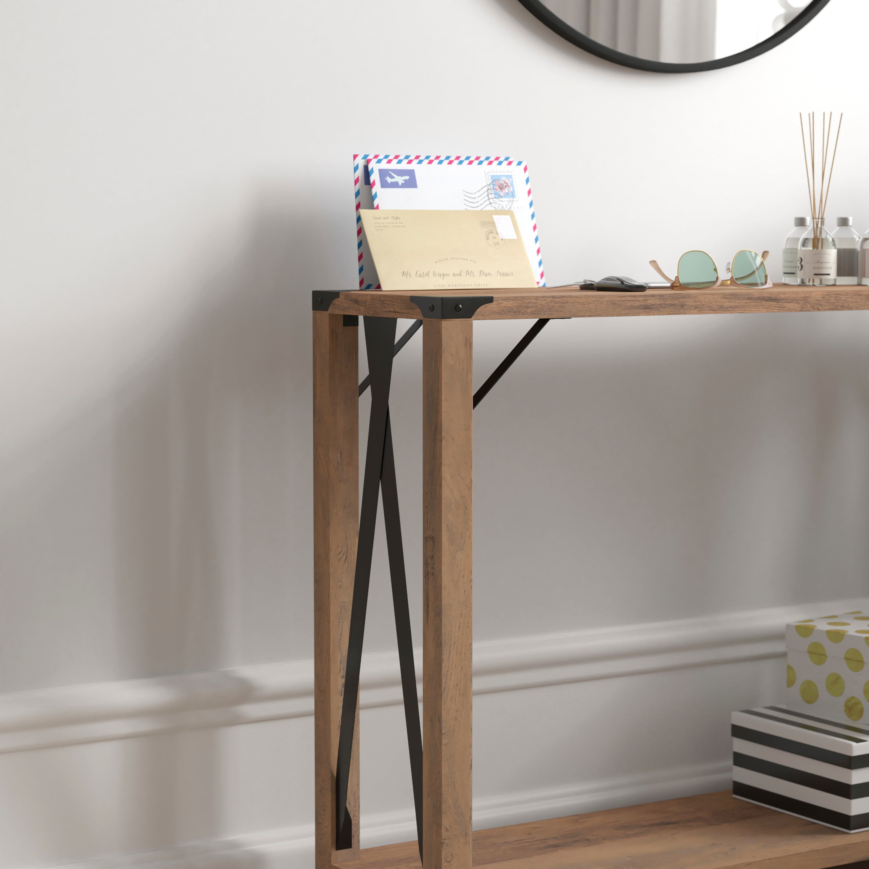 Wyatt Modern Farmhouse Wooden 2 Tier Console Entry Table with Black Metal Corner Accents and Cross Bracing, Rustic Oak