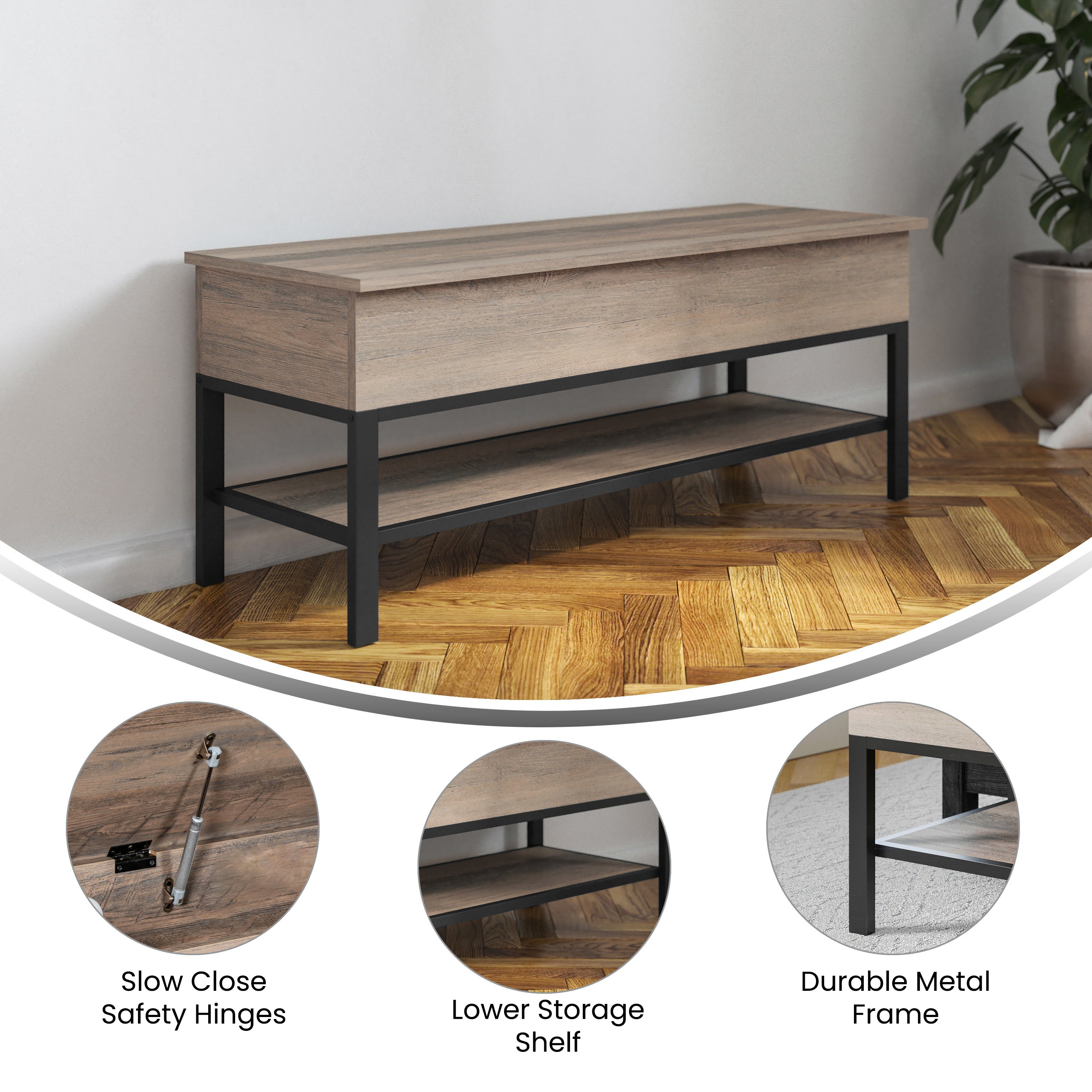 Wyatt Farmhouse Entryway Storage Bench with Lower Shelf Perfect for Entryway, Mudroom, or Bedroom in Gray Wash