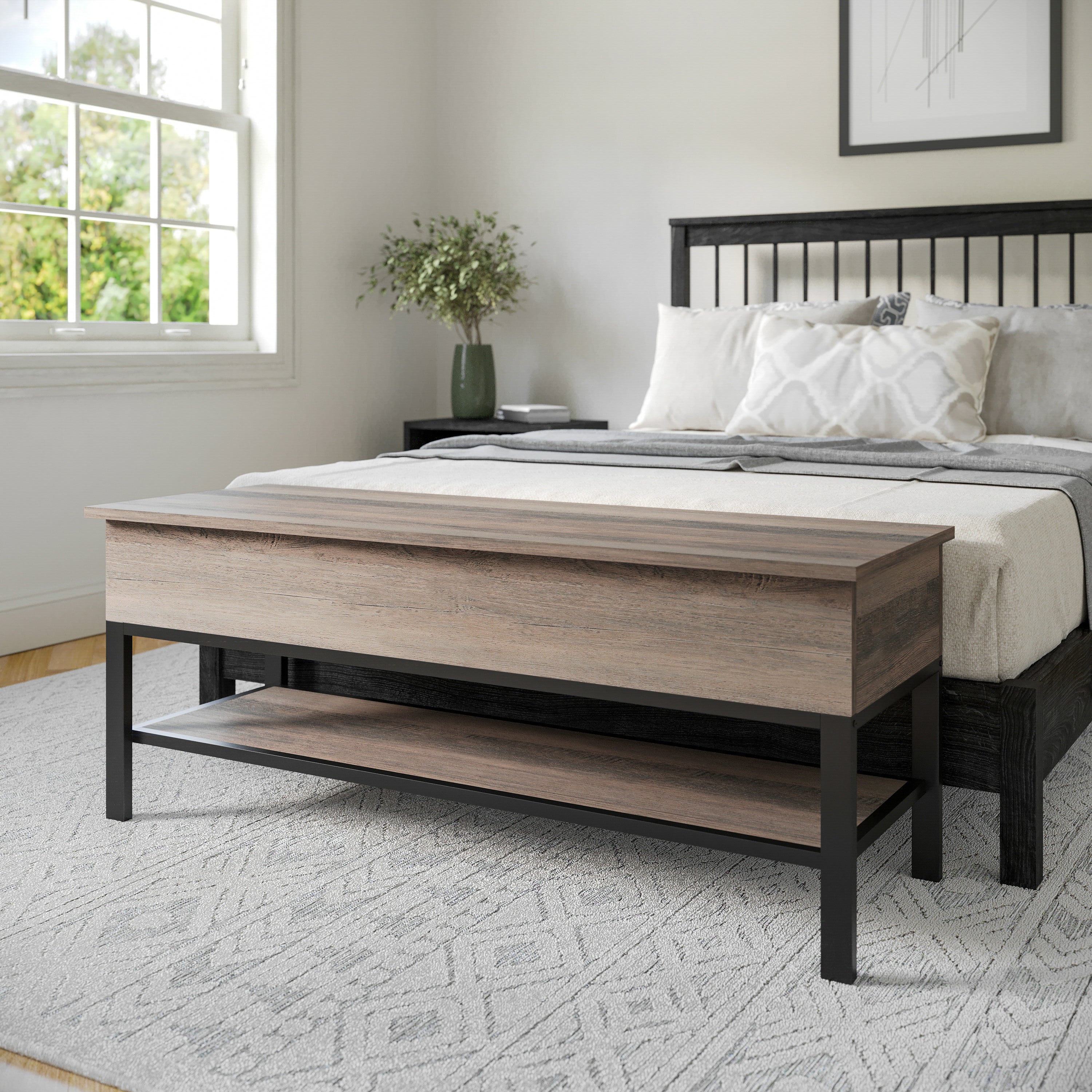 Wyatt Farmhouse Entryway Storage Bench with Lower Shelf Perfect for Entryway, Mudroom, or Bedroom in Gray Wash