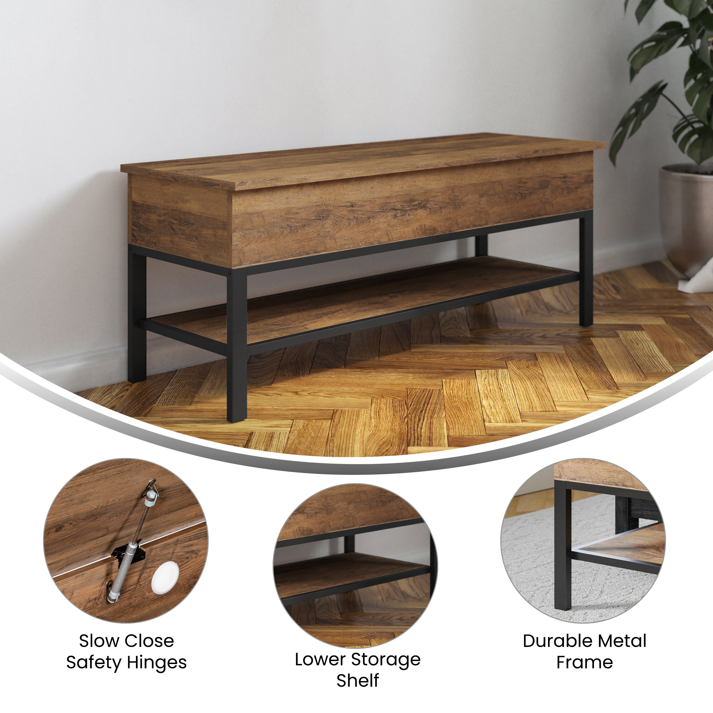 Wyatt Farmhouse Entryway Storage Bench with Lower Shelf Perfect for Entryway, Mudroom, or Bedroom in Rustic Oak
