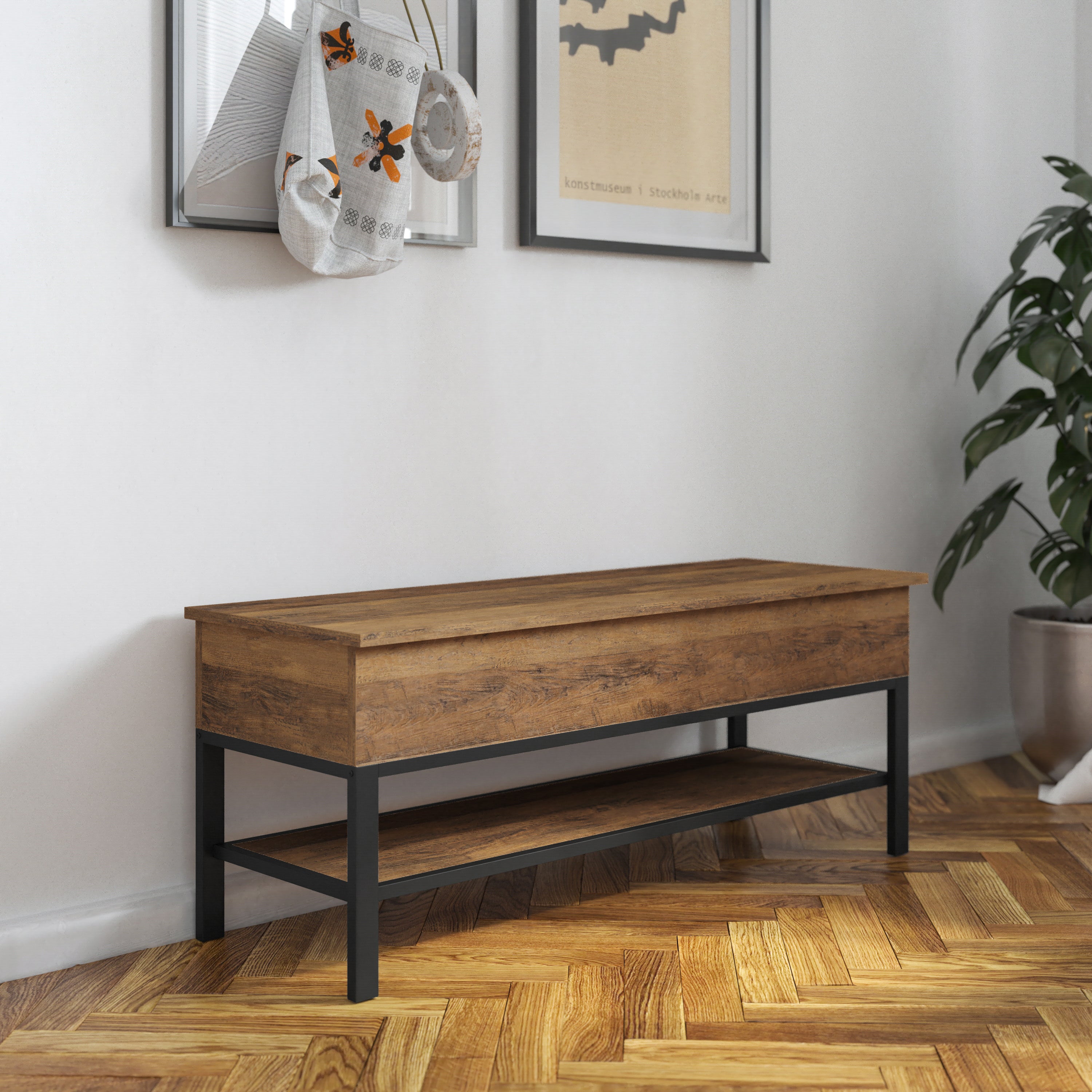 Wyatt Farmhouse Entryway Storage Bench with Lower Shelf Perfect for Entryway, Mudroom, or Bedroom in Rustic Oak