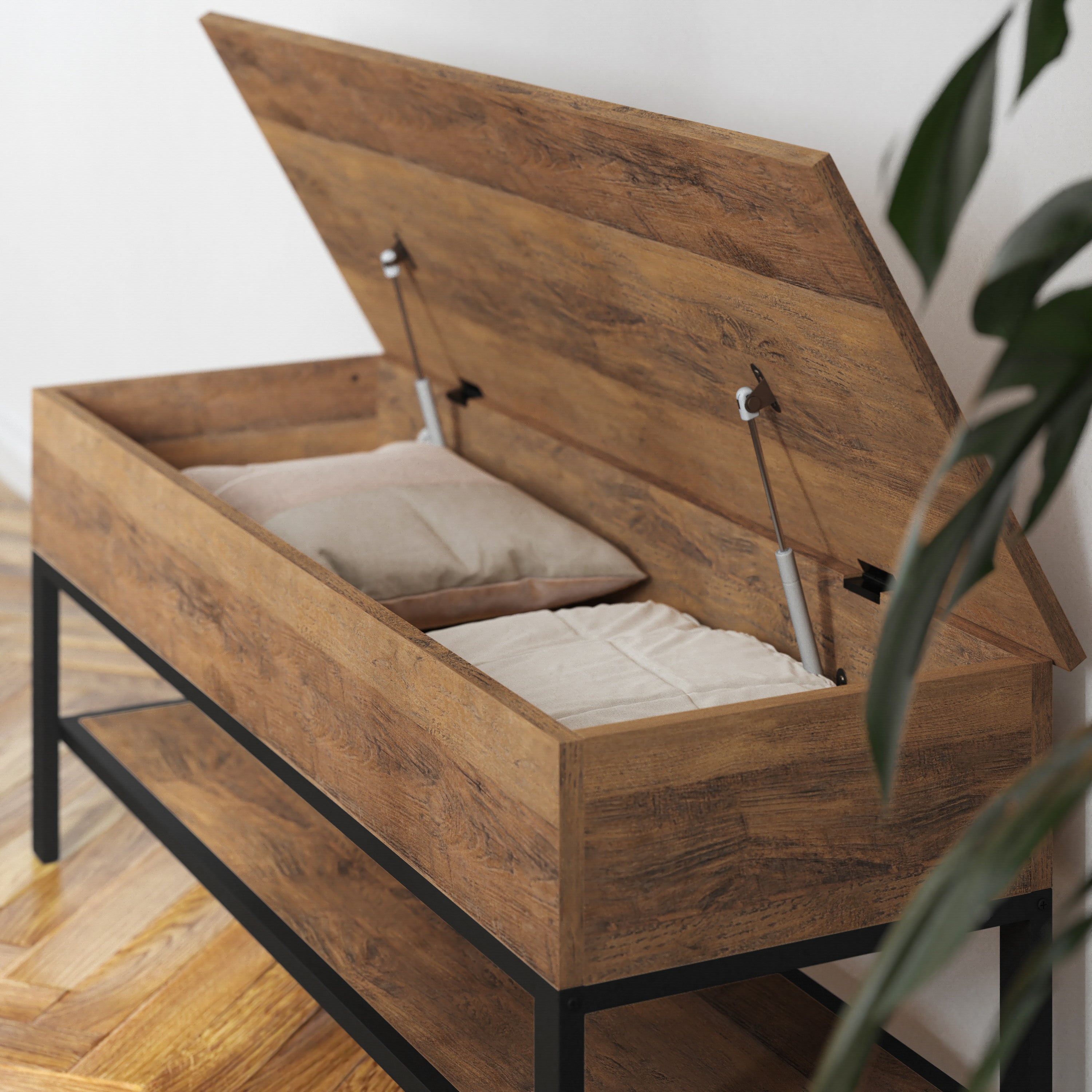 Wyatt Farmhouse Entryway Storage Bench with Lower Shelf Perfect for Entryway, Mudroom, or Bedroom in Rustic Oak