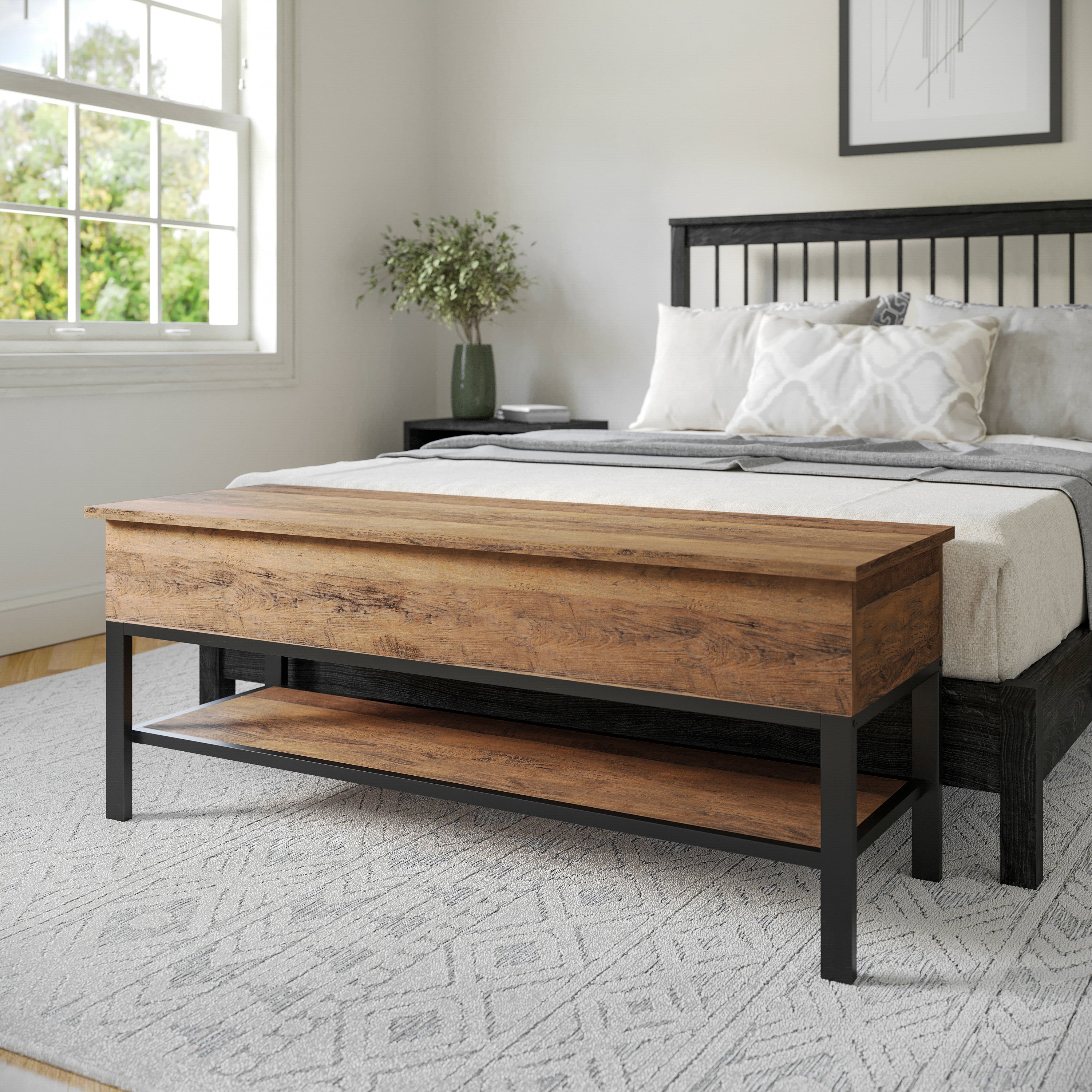 Wyatt Farmhouse Entryway Storage Bench with Lower Shelf Perfect for Entryway, Mudroom, or Bedroom in Rustic Oak