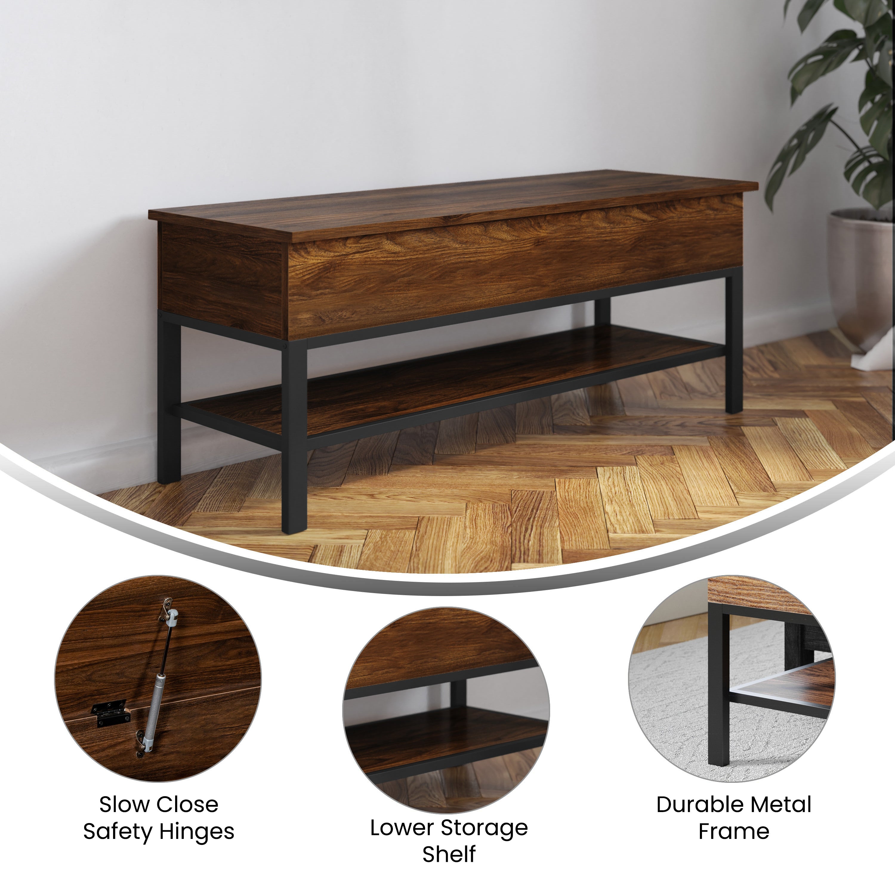 Wyatt Farmhouse Entryway Storage Bench with Lower Shelf Perfect for Entryway, Mudroom, or Bedroom in Walnut