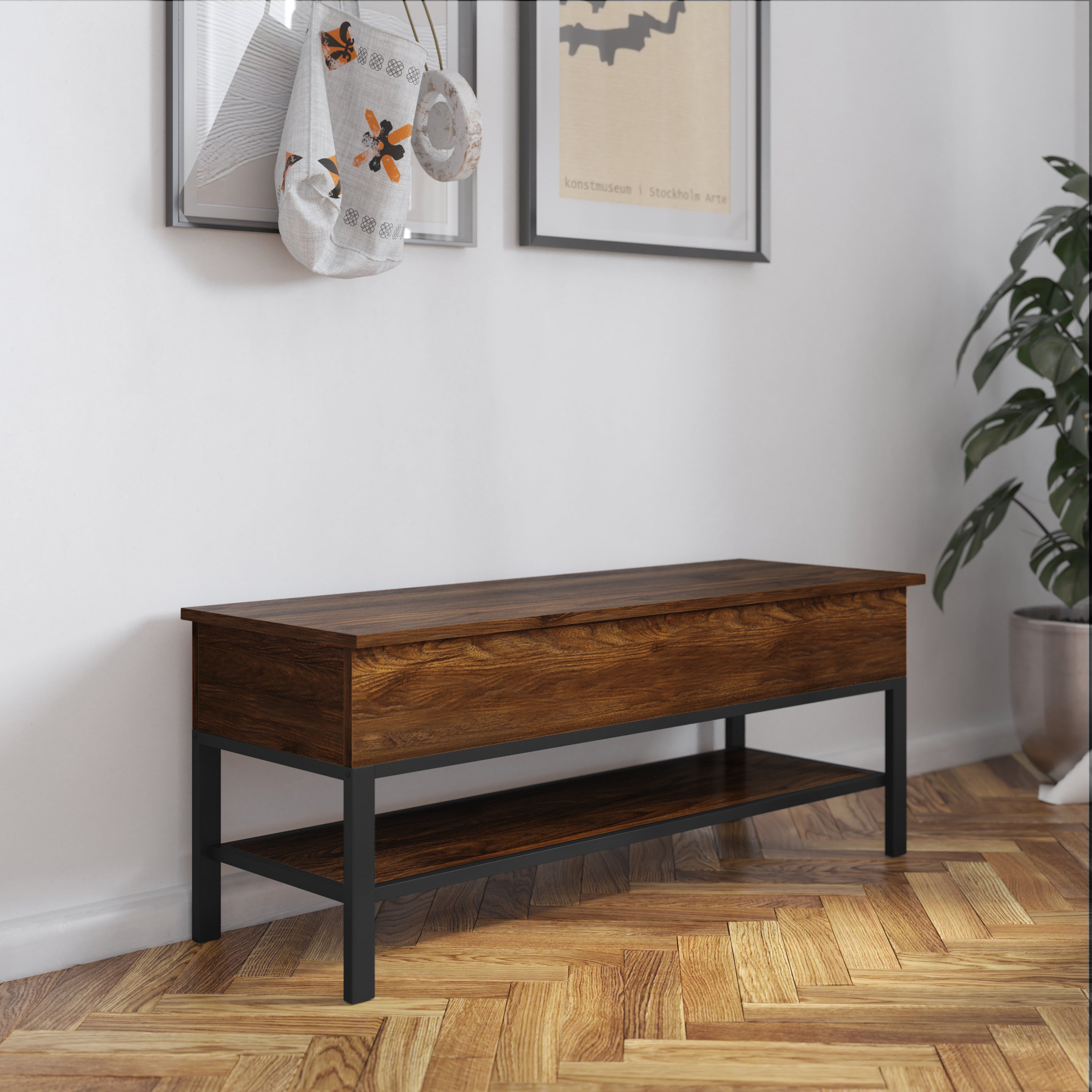 Wyatt Farmhouse Entryway Storage Bench with Lower Shelf Perfect for Entryway, Mudroom, or Bedroom in Walnut