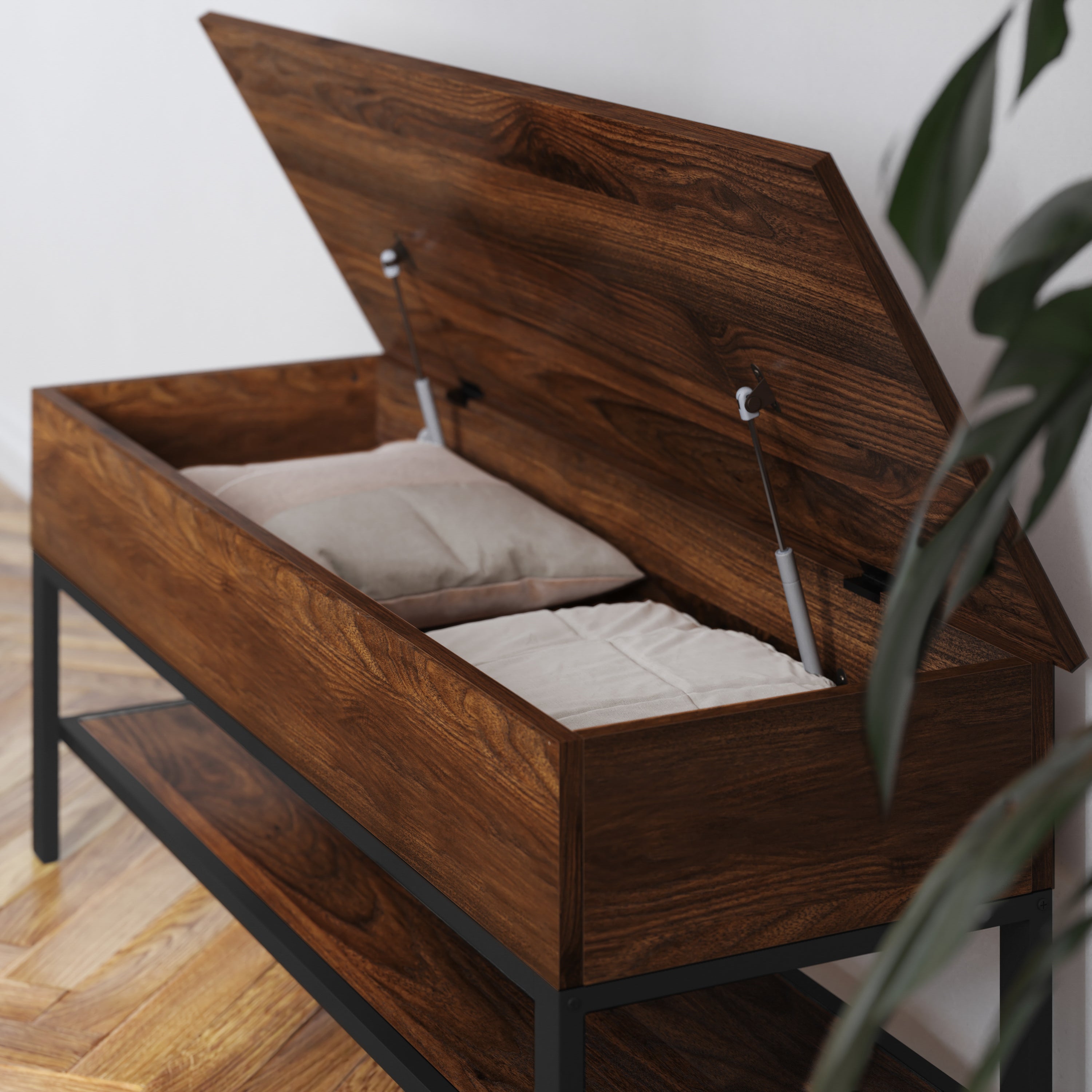 Wyatt Farmhouse Entryway Storage Bench with Lower Shelf Perfect for Entryway, Mudroom, or Bedroom in Walnut