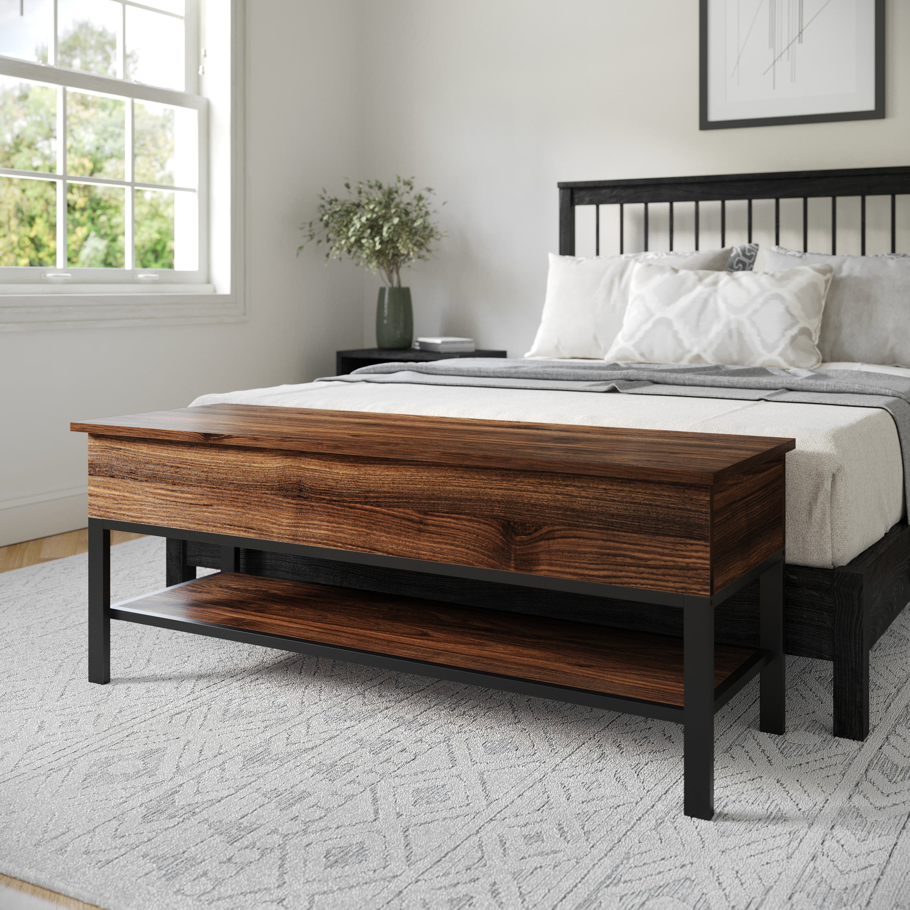 Wyatt Farmhouse Entryway Storage Bench with Lower Shelf Perfect for Entryway, Mudroom, or Bedroom in Walnut