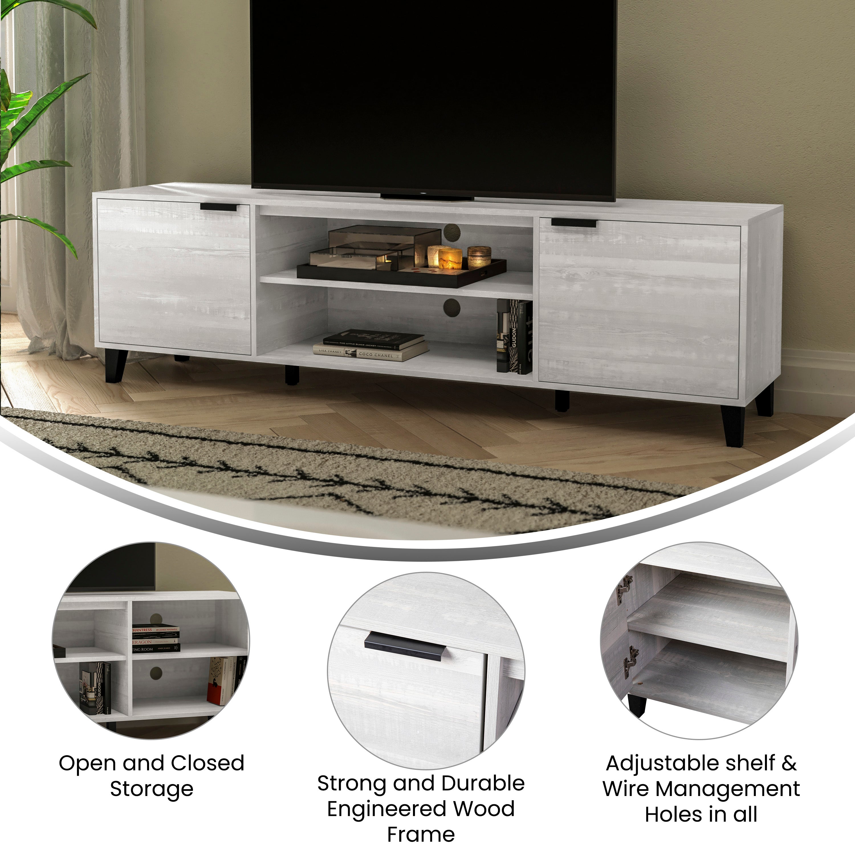 Nelson 70" Mid Century Modern TV Stand for up to 60" TV's with Adjustable Shelves and Dual Storage Compartments, Gray
