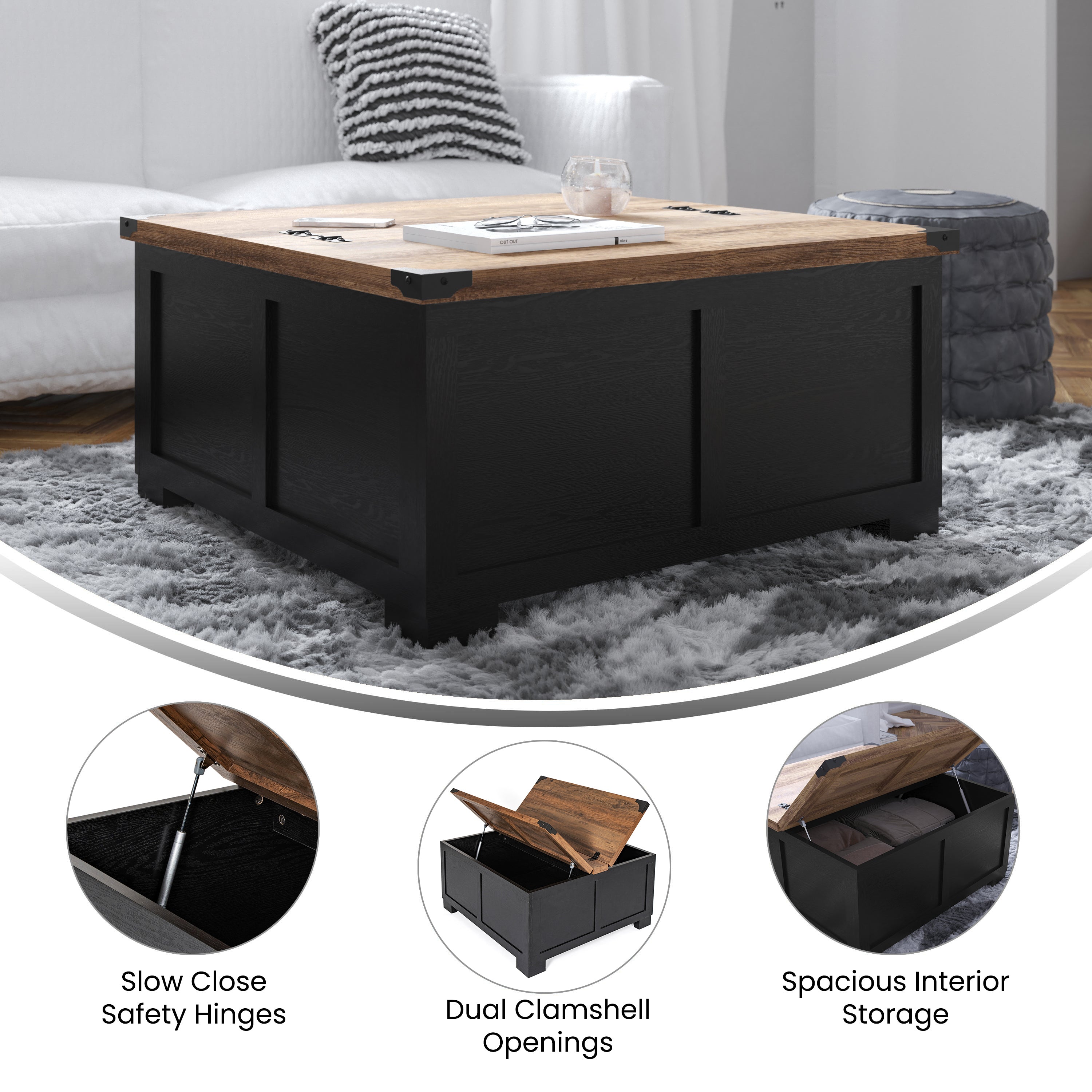 Wyatt 35.75" Farmhouse Storage Coffee Table with Hinged Lift Top, Large Coffee Table with Hidden Storage, Two Tone Finish, Black/Rustic Oak