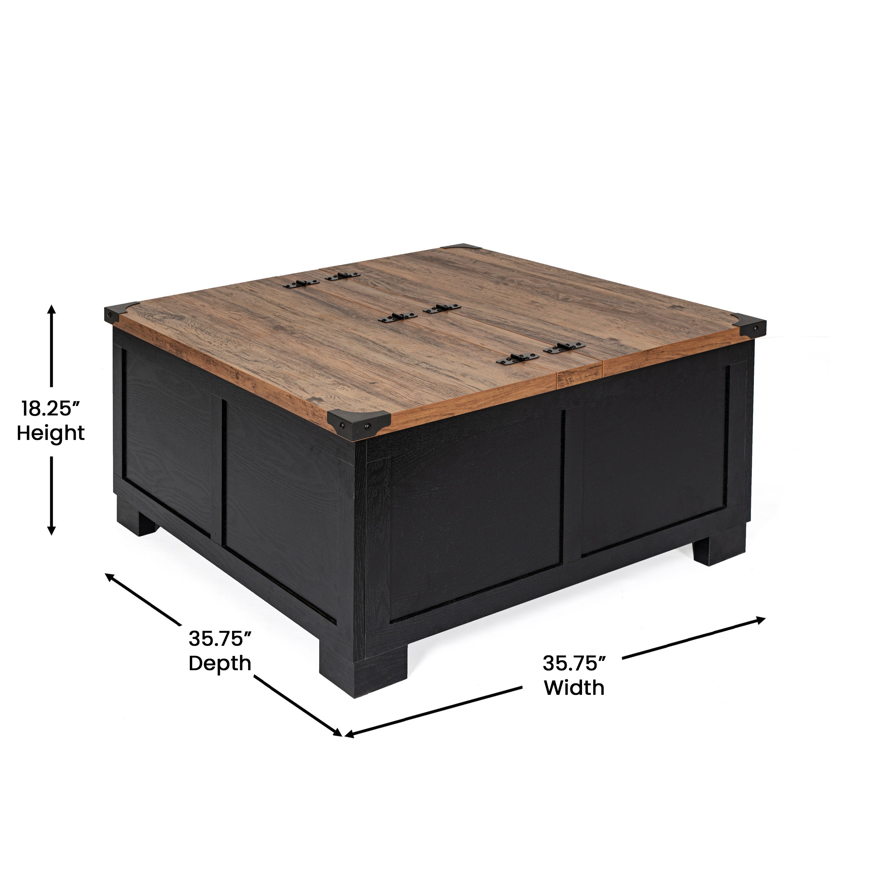 Wyatt 35.75" Farmhouse Storage Coffee Table with Hinged Lift Top, Large Coffee Table with Hidden Storage, Two Tone Finish, Black/Rustic Oak