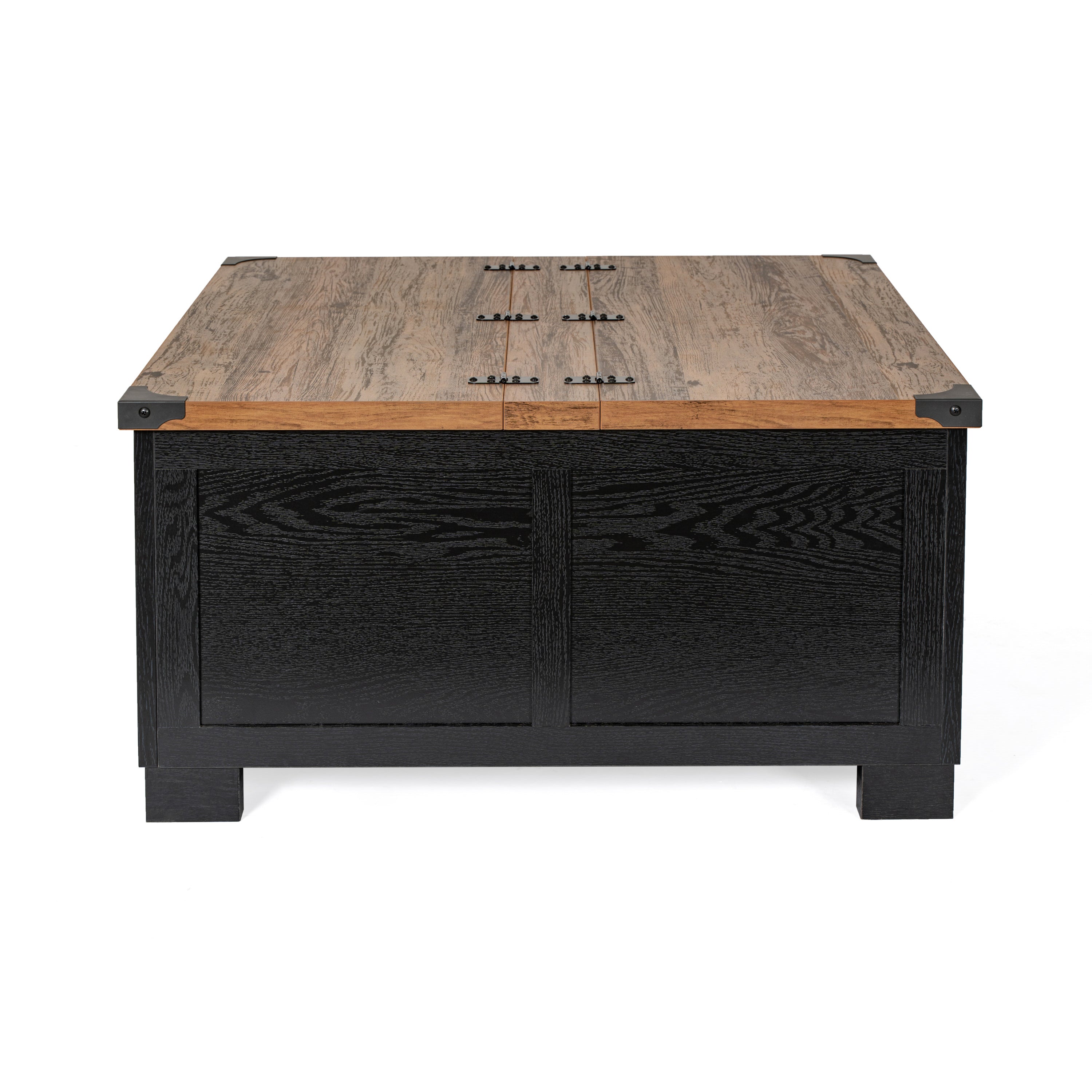 Wyatt 35.75" Farmhouse Storage Coffee Table with Hinged Lift Top, Large Coffee Table with Hidden Storage, Two Tone Finish, Black/Rustic Oak