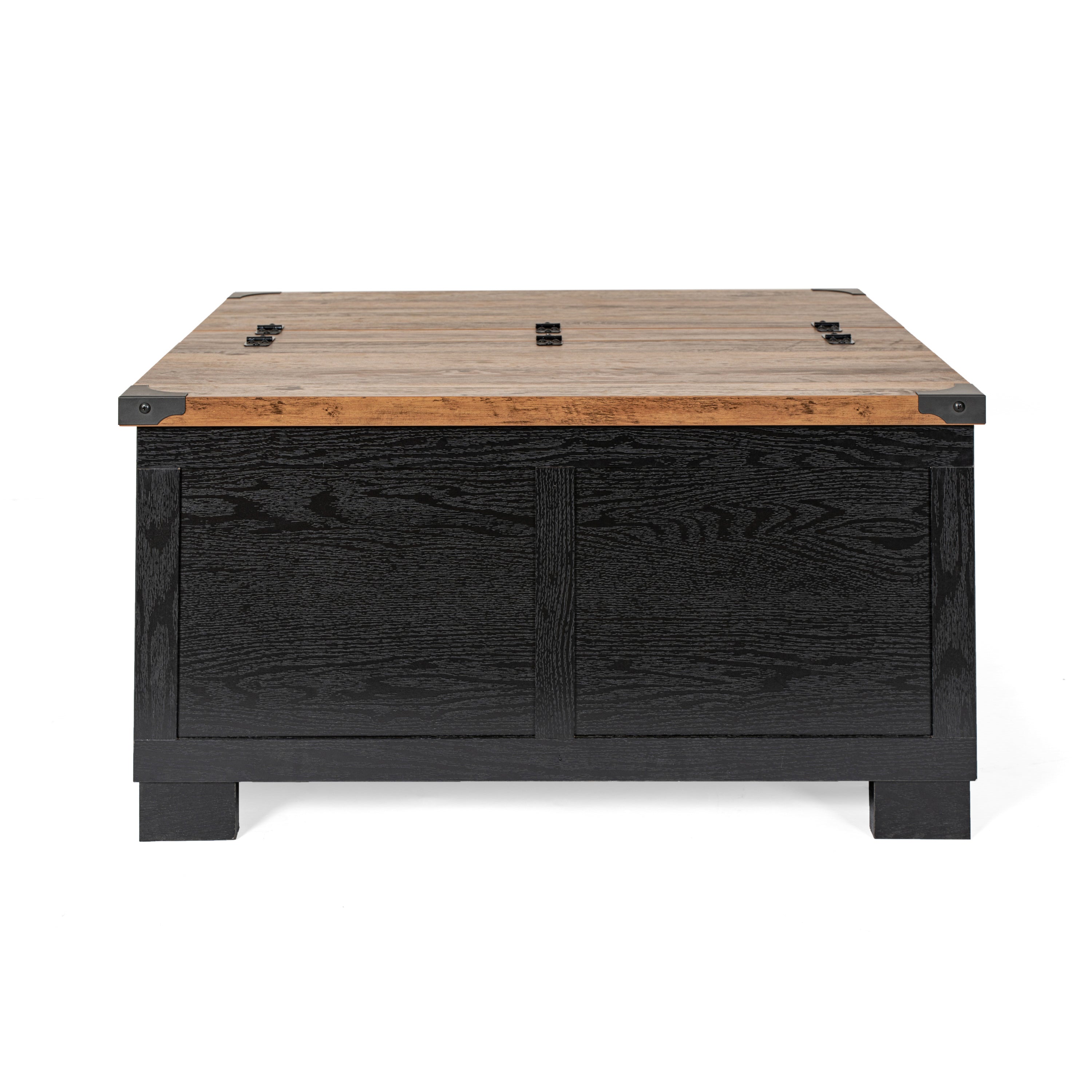 Wyatt 35.75" Farmhouse Storage Coffee Table with Hinged Lift Top, Large Coffee Table with Hidden Storage, Two Tone Finish, Black/Rustic Oak