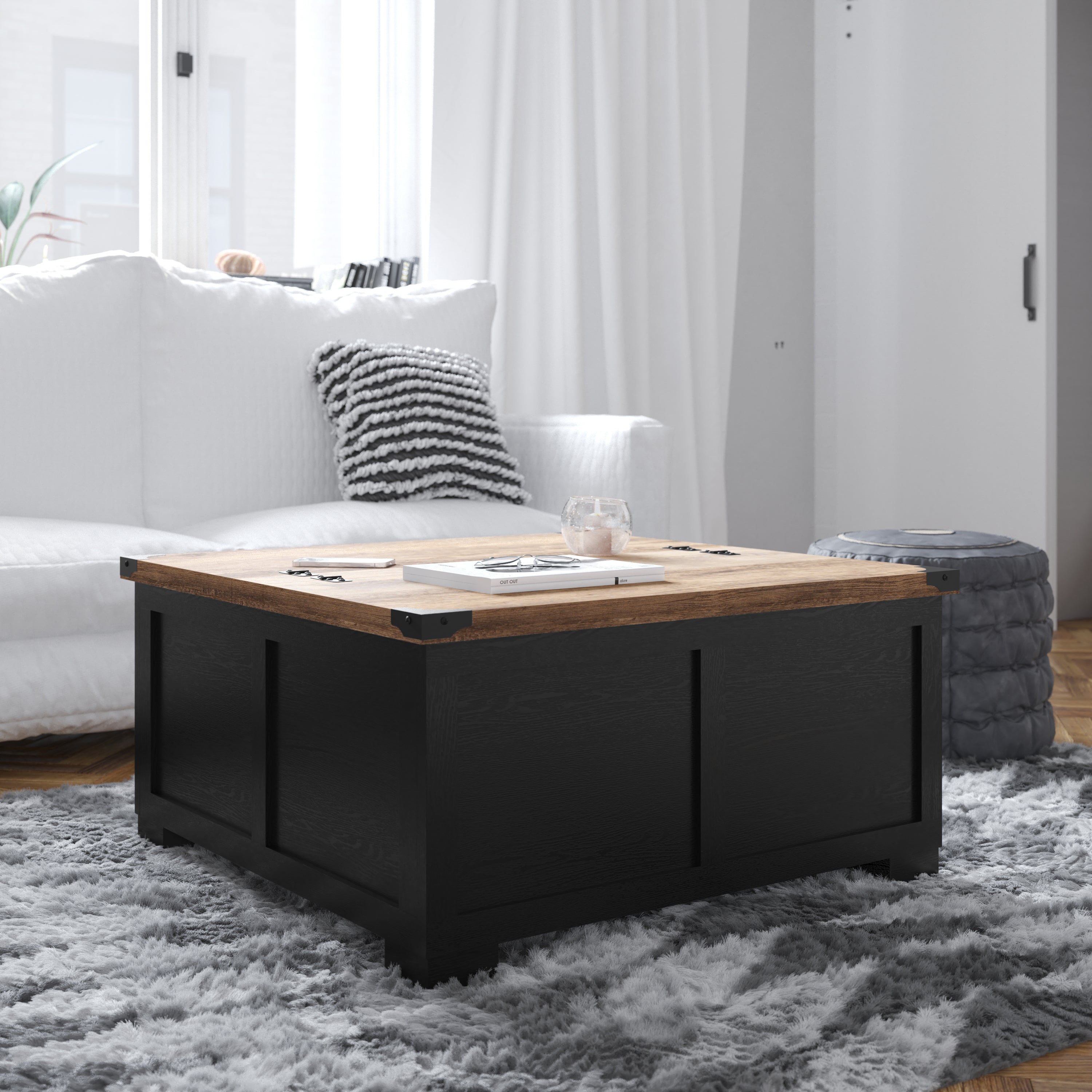 Wyatt 35.75" Farmhouse Storage Coffee Table with Hinged Lift Top, Large Coffee Table with Hidden Storage, Two Tone Finish, Black/Rustic Oak