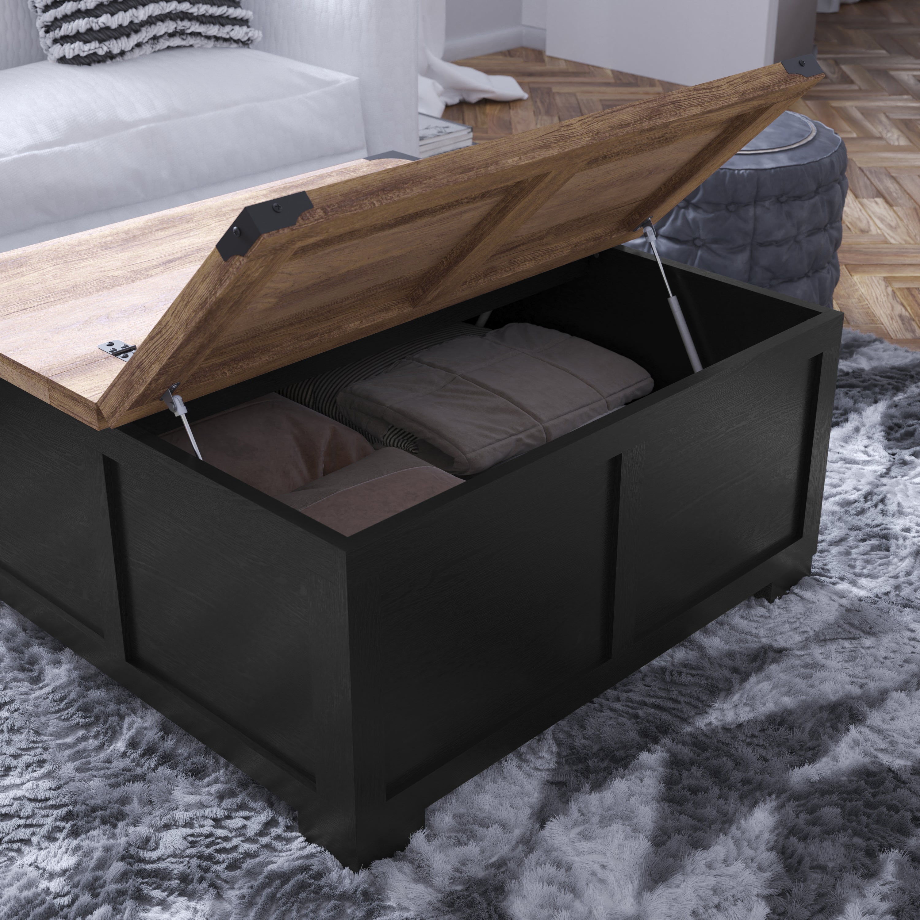 Wyatt 35.75" Farmhouse Storage Coffee Table with Hinged Lift Top, Large Coffee Table with Hidden Storage, Two Tone Finish, Black/Rustic Oak