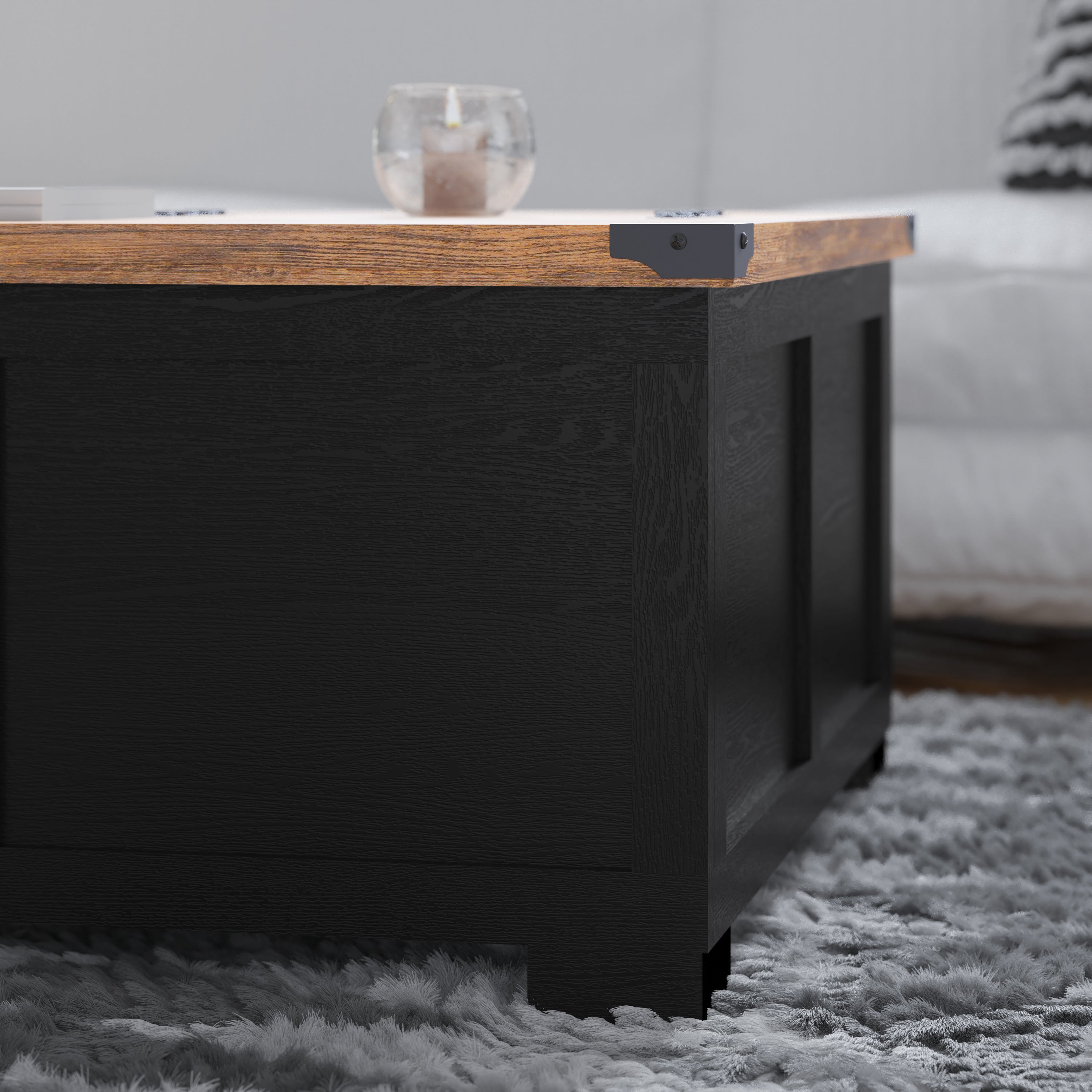 Wyatt 35.75" Farmhouse Storage Coffee Table with Hinged Lift Top, Large Coffee Table with Hidden Storage, Two Tone Finish, Black/Rustic Oak