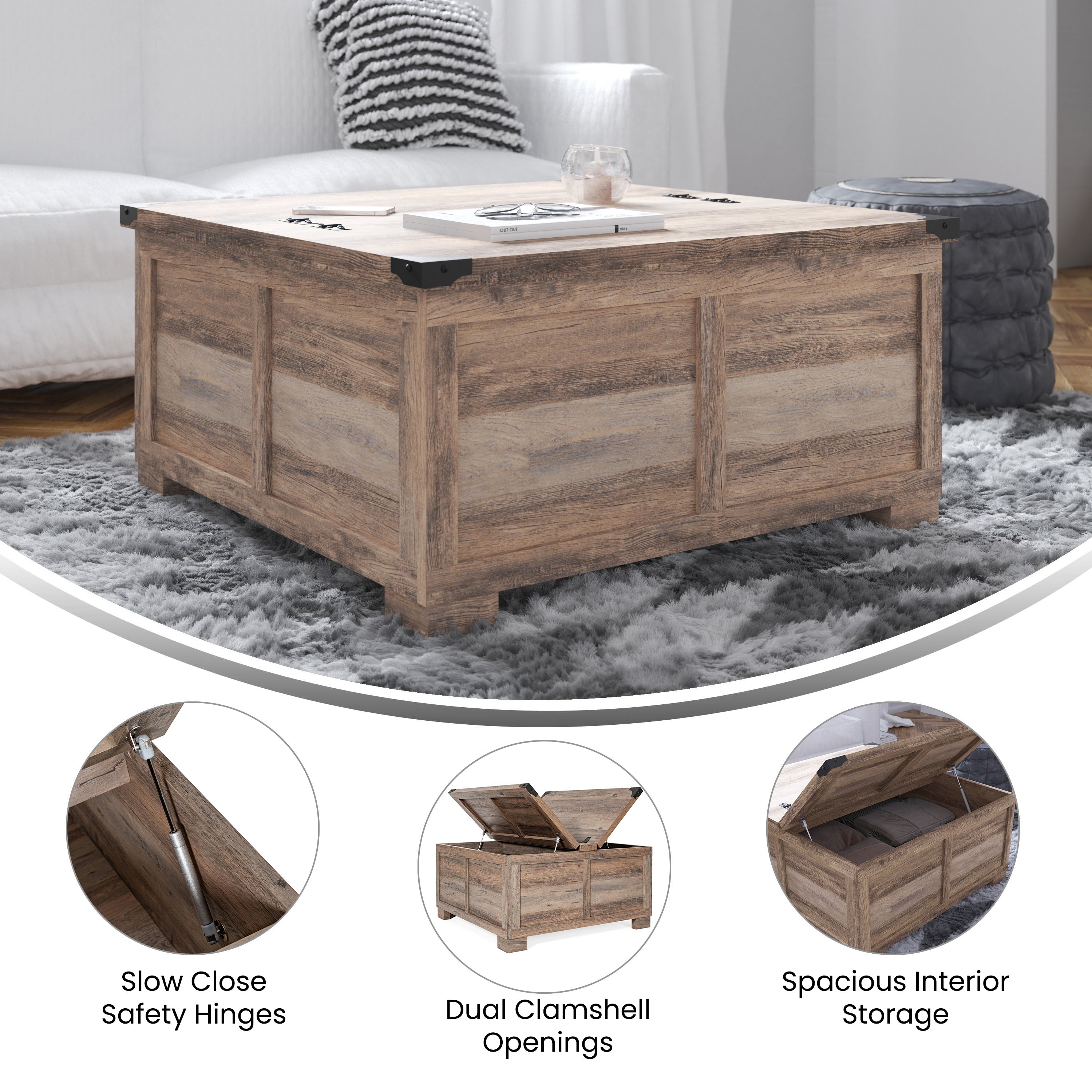 Wyatt 35.75" Farmhouse Storage Coffee Table with Hinged Lift Top, Large Coffee Table with Hidden Storage, Gray Wash