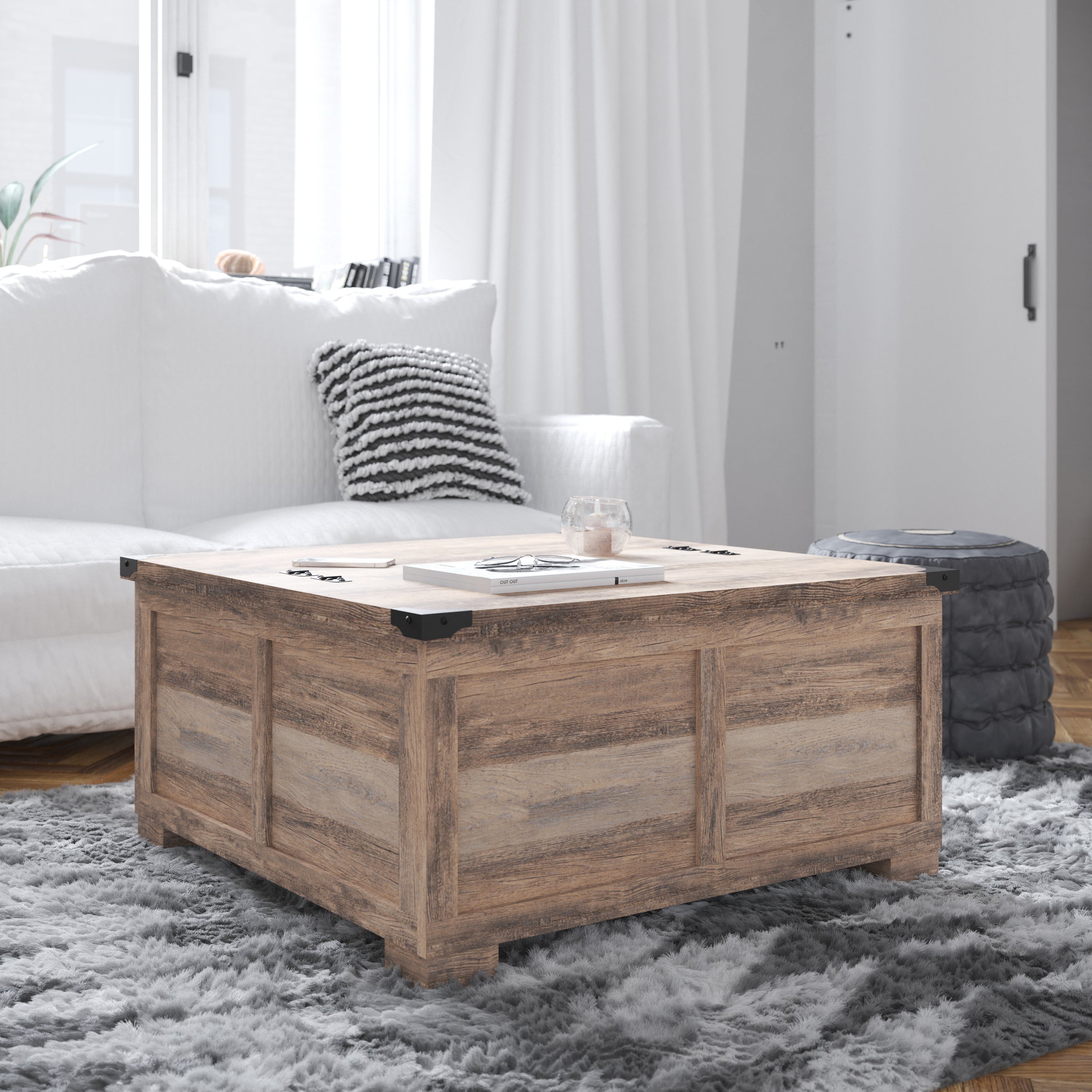 Wyatt 35.75" Farmhouse Storage Coffee Table with Hinged Lift Top, Large Coffee Table with Hidden Storage, Gray Wash