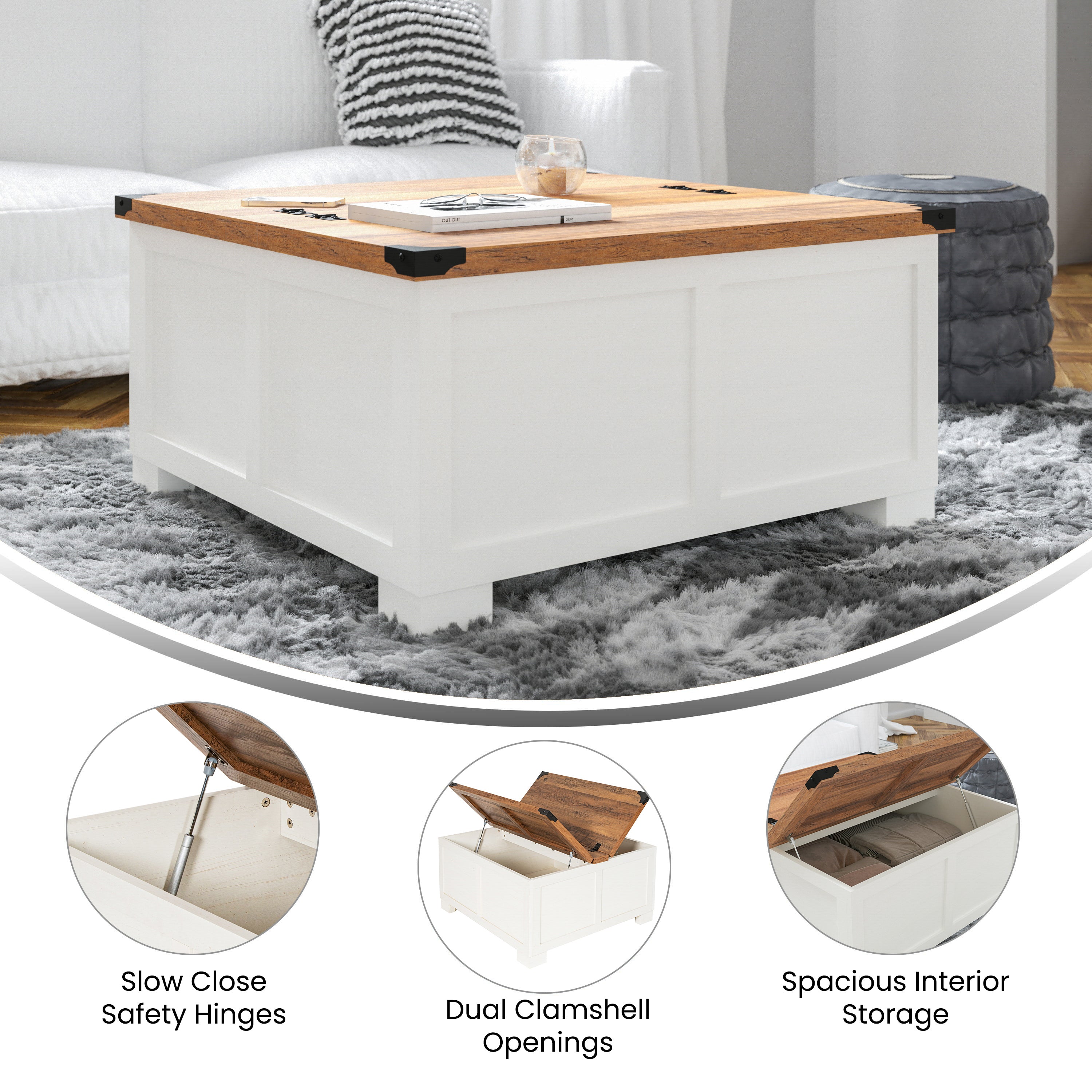 Wyatt 35.75" Farmhouse Storage Coffee Table with Hinged Lift Top, Large Coffee Table with Hidden Storage, Two Tone Finish, White/Rustic Oak
