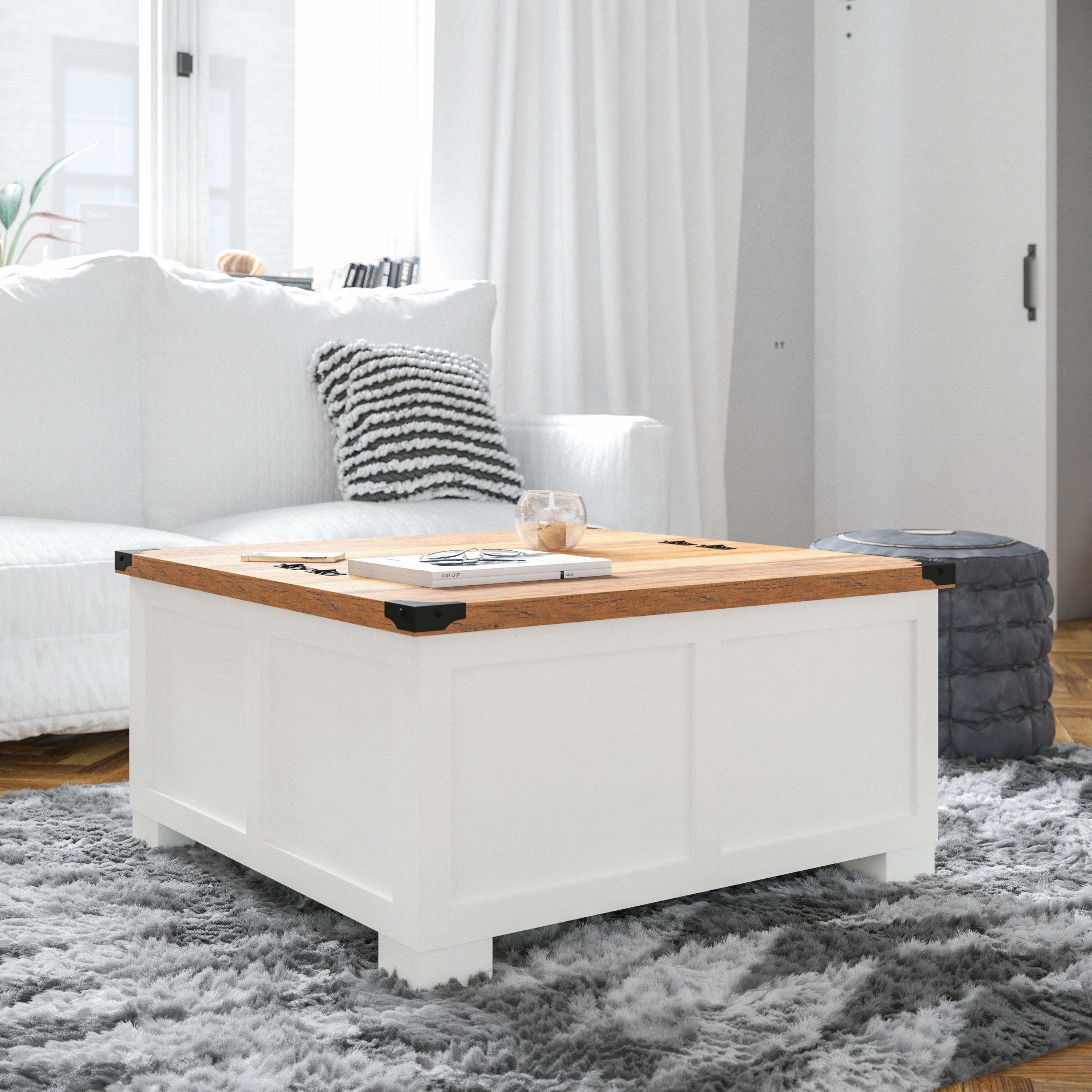 Wyatt 35.75" Farmhouse Storage Coffee Table with Hinged Lift Top, Large Coffee Table with Hidden Storage, Two Tone Finish, White/Rustic Oak
