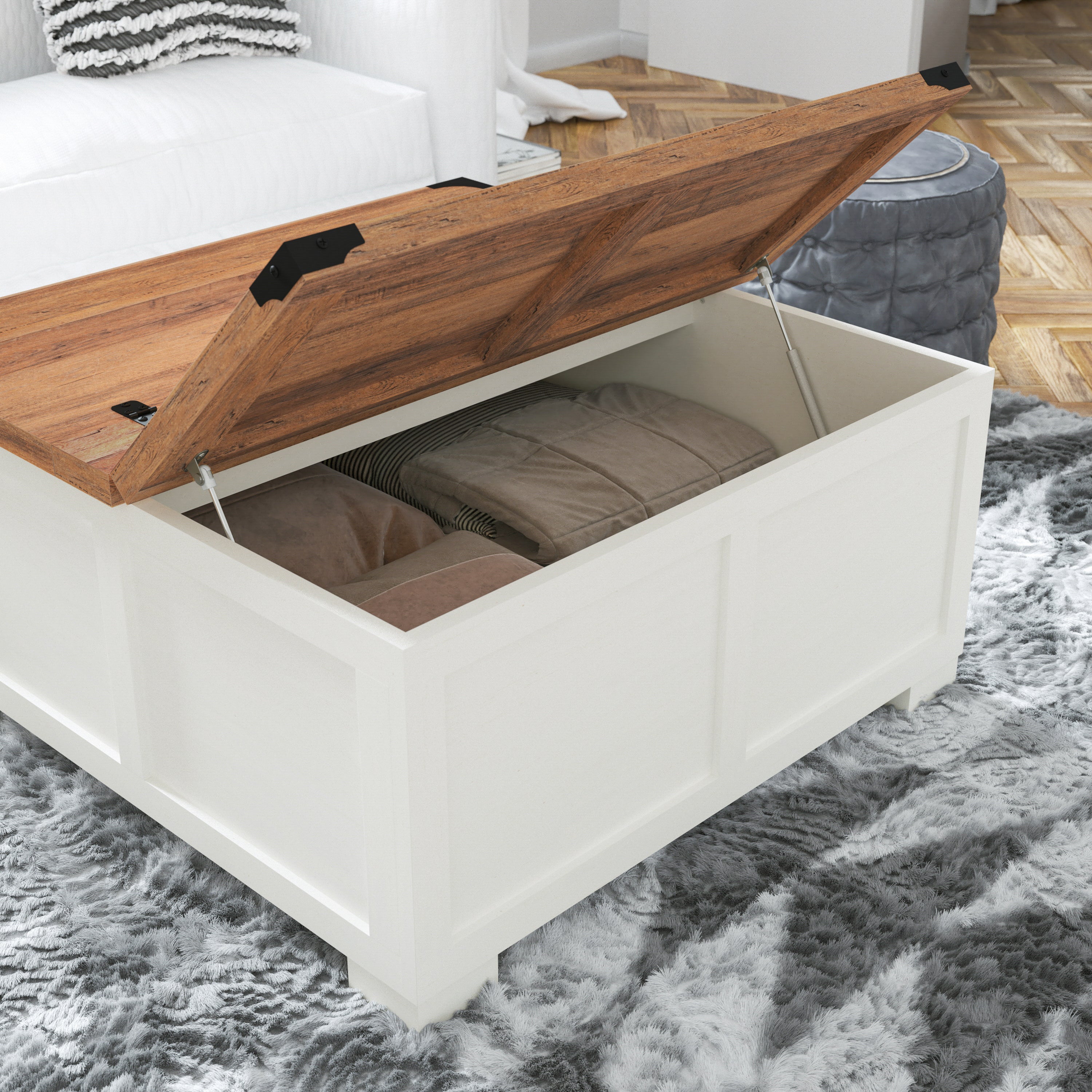 Wyatt 35.75" Farmhouse Storage Coffee Table with Hinged Lift Top, Large Coffee Table with Hidden Storage, Two Tone Finish, White/Rustic Oak