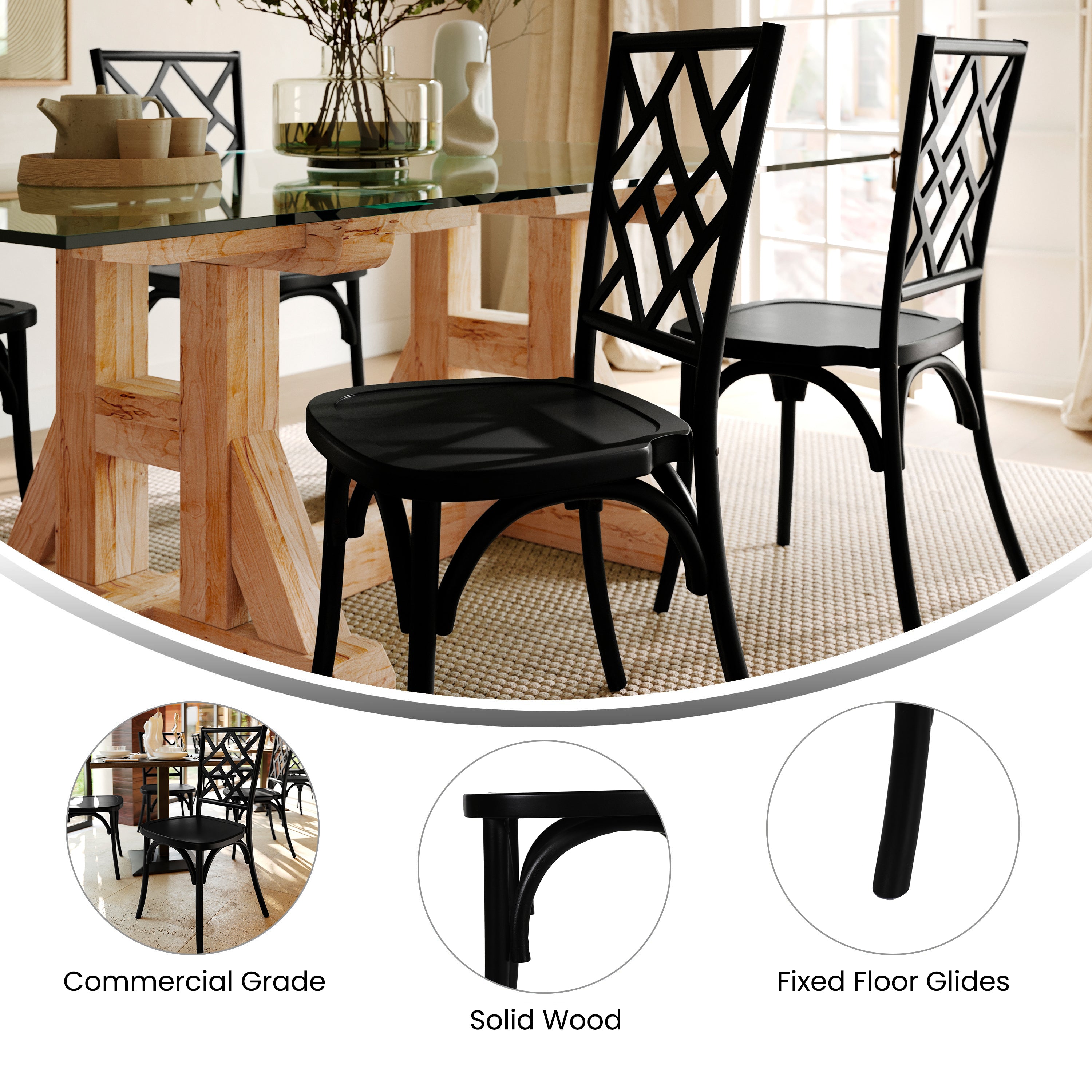 Brooklyn Commercial Grade Black Solid Wood Stackable Dining Chair with Intricate Back Detail