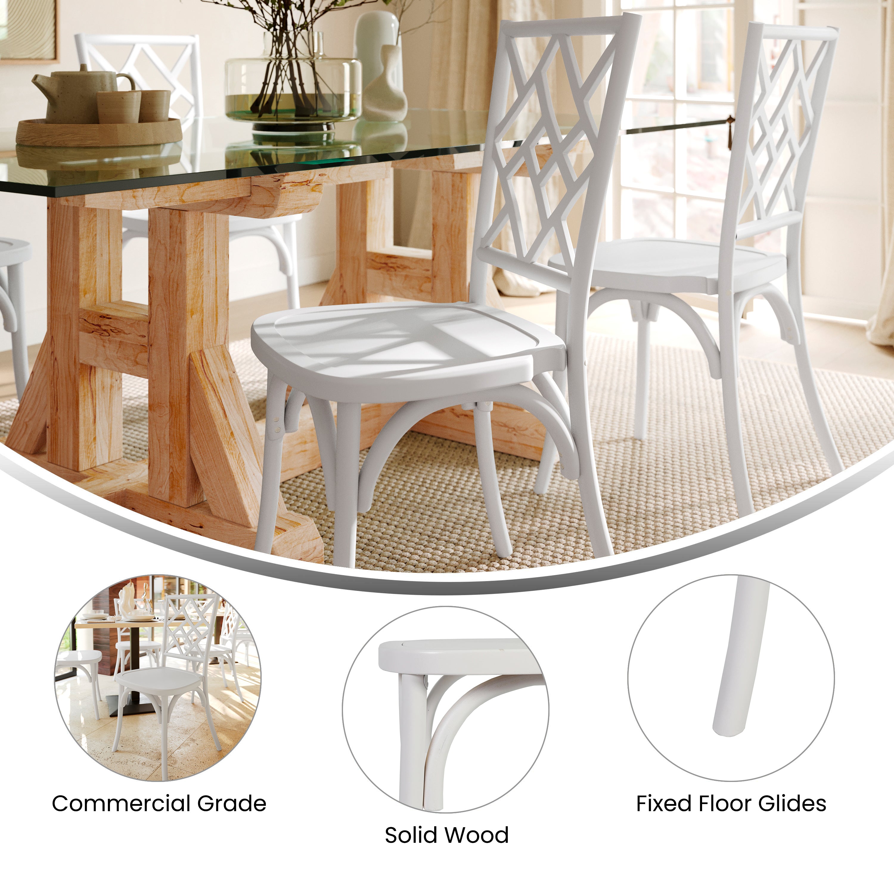 Brooklyn Commercial Grade White Solid Wood Stackable Dining Chair with Intricate Back Detail