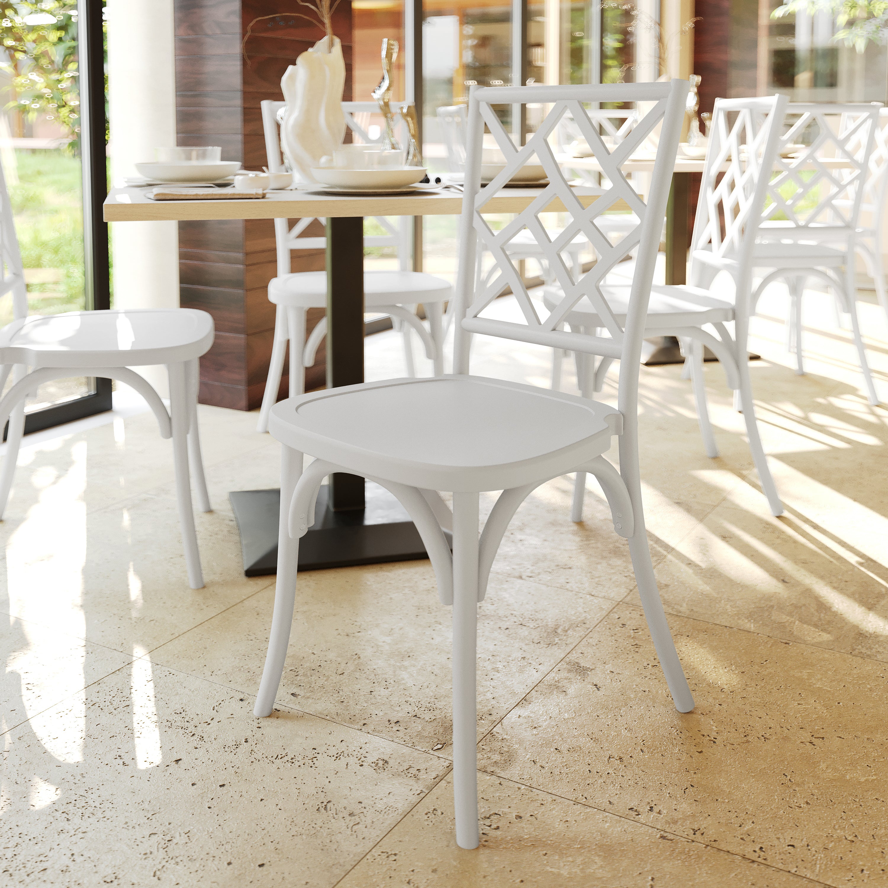 Brooklyn Commercial Grade White Solid Wood Stackable Dining Chair with Intricate Back Detail
