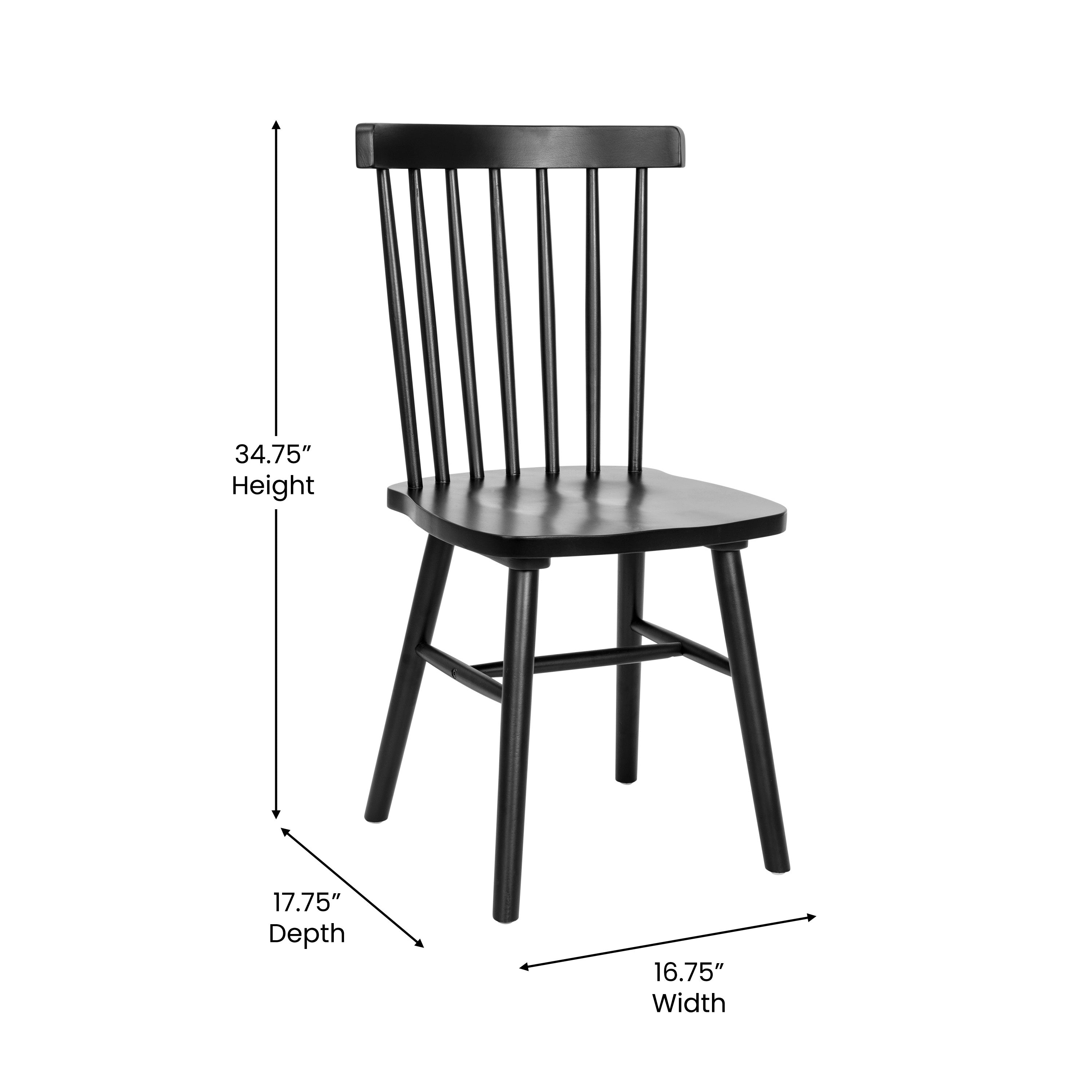 Ingrid Set of 2 Commercial Grade Windsor Dining Chairs, Solid Wood Armless Spindle Back Restaurant Dining Chairs in Black