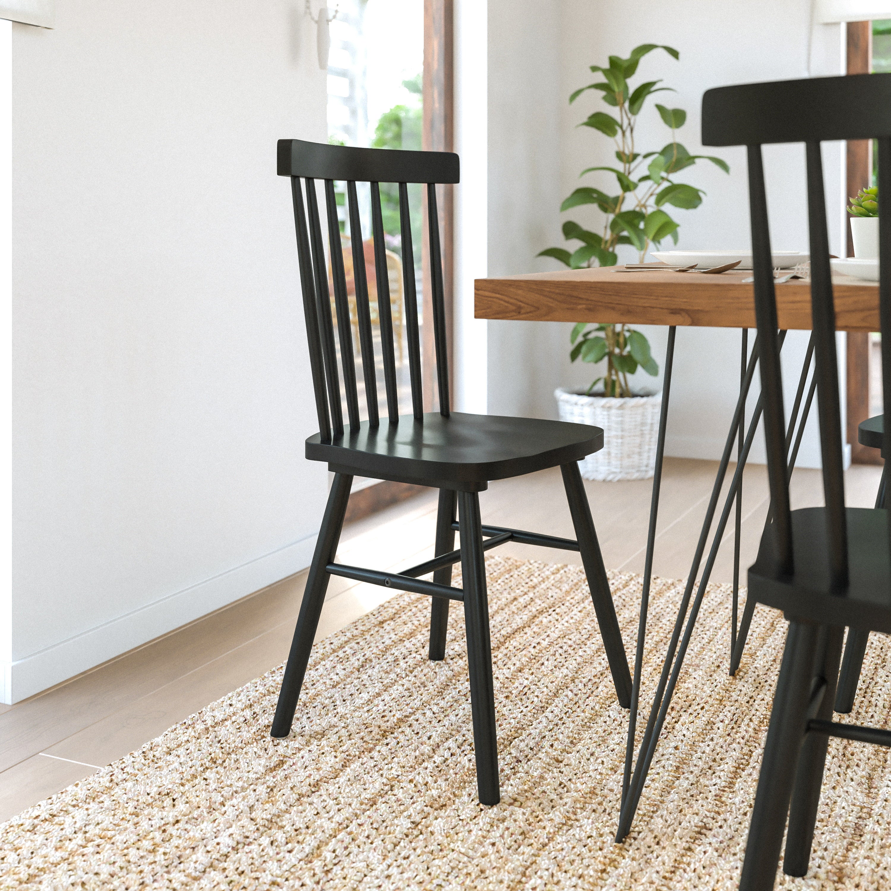Ingrid Set of 2 Commercial Grade Windsor Dining Chairs, Solid Wood Armless Spindle Back Restaurant Dining Chairs in Black